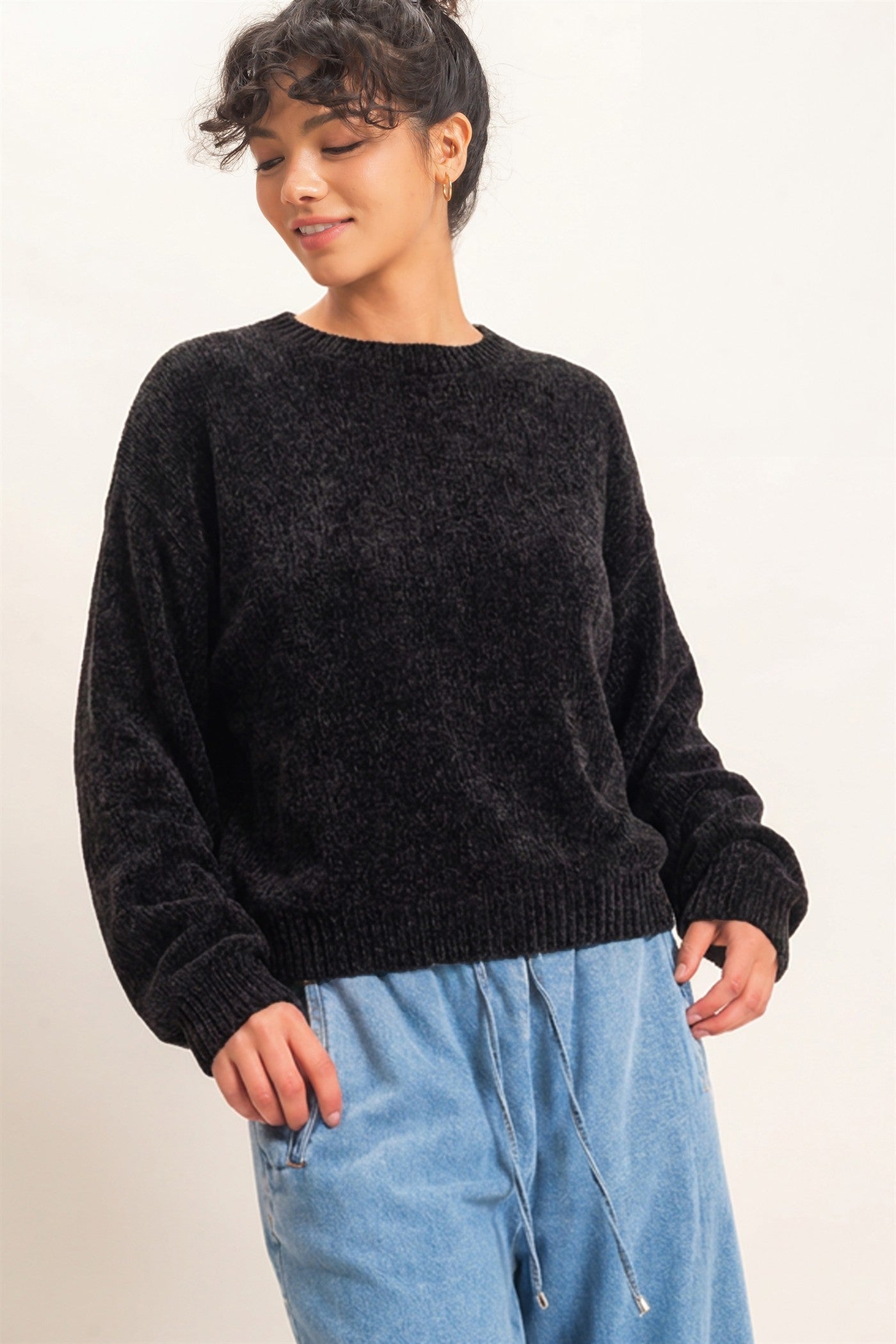 Wholesale Chenille Crew Neck Sweater Sweaters DZ26E264 BLACK DOUBLE ZERO