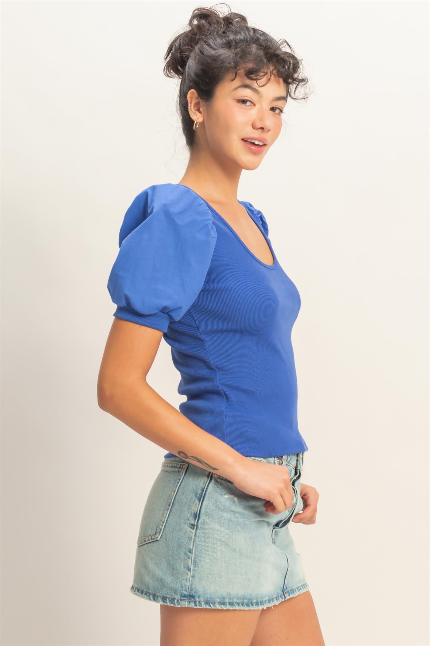 Wholesale Ribbed Puff Sleeve Scoop Neck Top Clothing Tops DZ26C071 COBALT DOUBLE ZERO