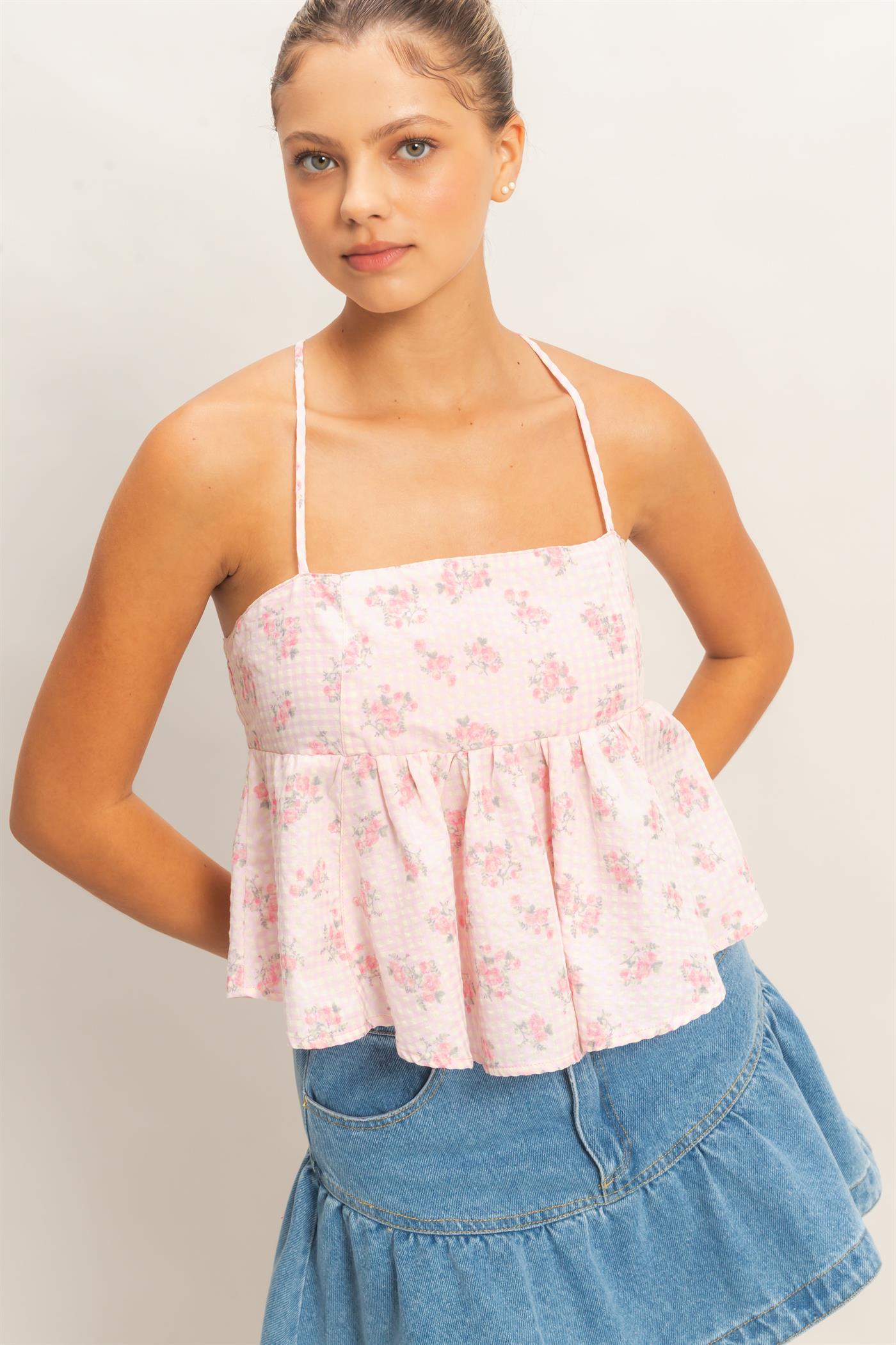 Wholesale Floral Seersucker Babydoll Top Clothing Tops HF26A416 PINK HYFVE
