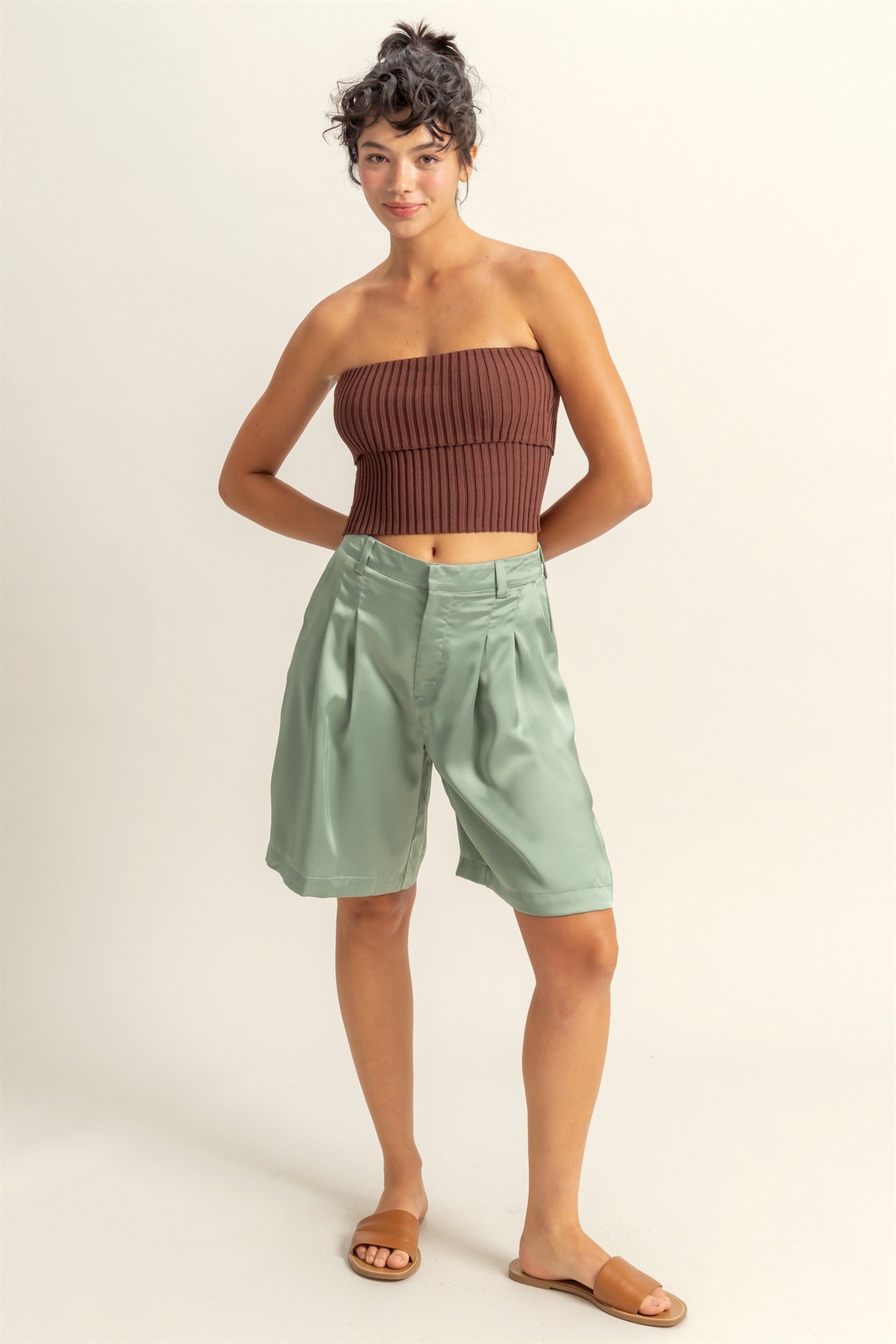 Wholesale High-Waist Pleated Satin Shorts Shorts DZ24E149 SAGE GREEN DOUBLE ZERO