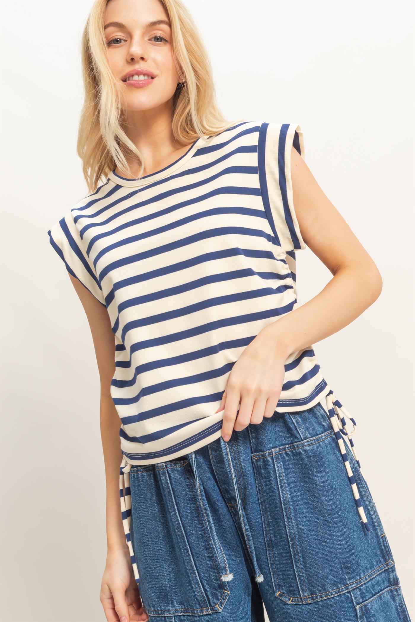 Wholesale Striped Sleeveless Tie-Side Top Clothing Tops HF26A500 NAVY HYFVE