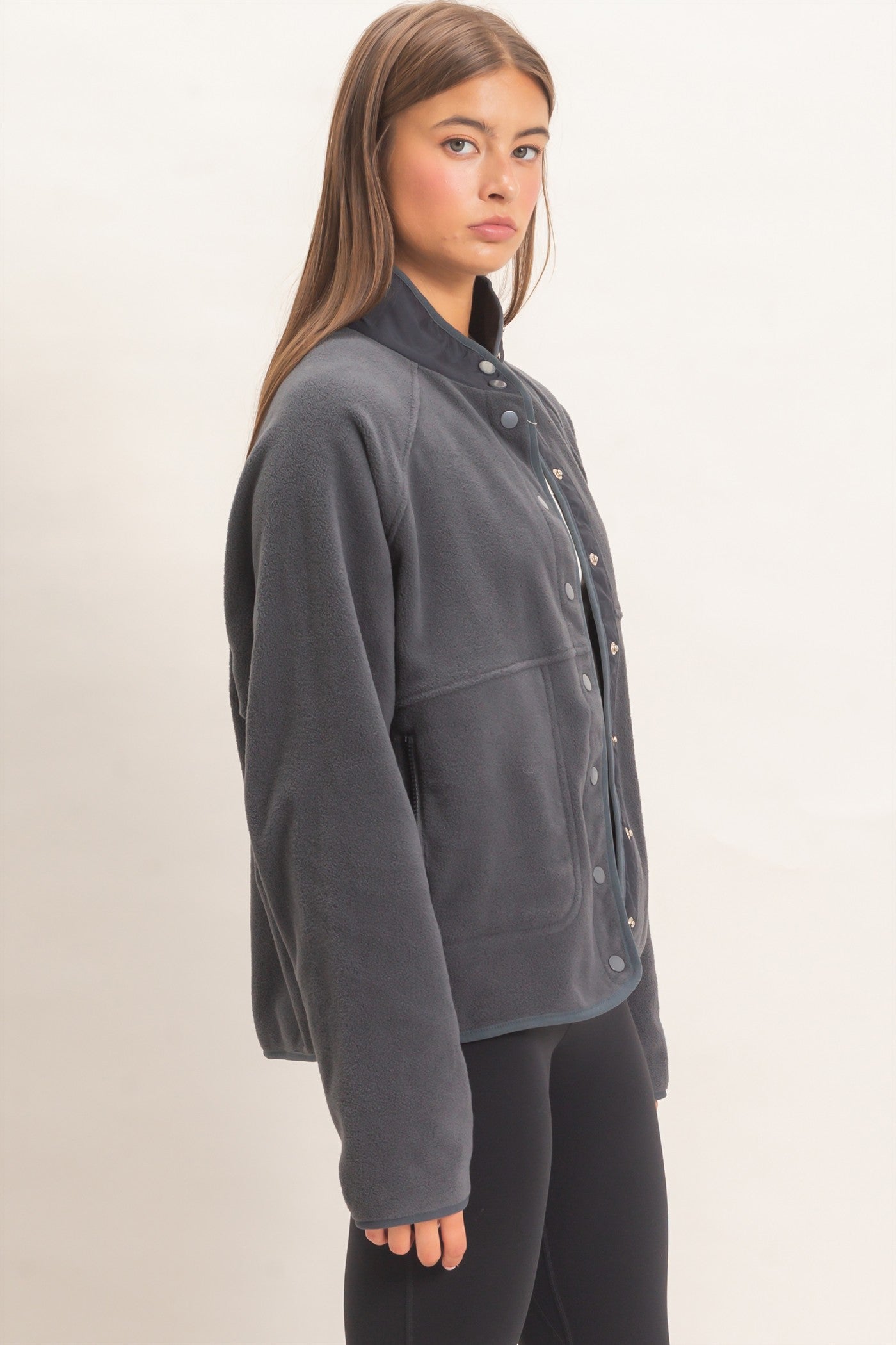 Wholesale Fleece Jacket With Button Front Coats & Jackets DZ26F086 DARK GRAY DOUBLE ZERO