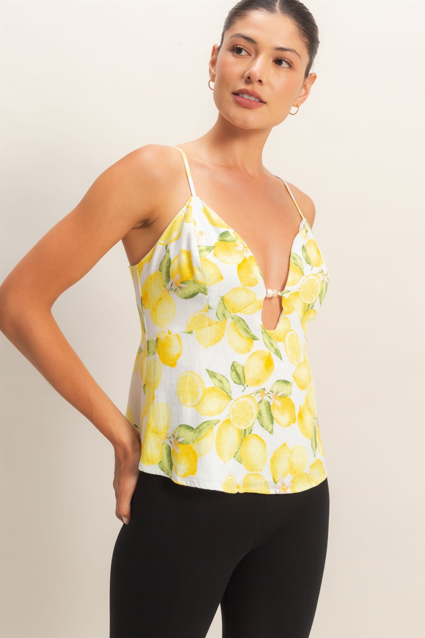 Wholesale Plunge V-Neck Lemon Print Top Clothing Tops HF26C529 LEMON HYFVE