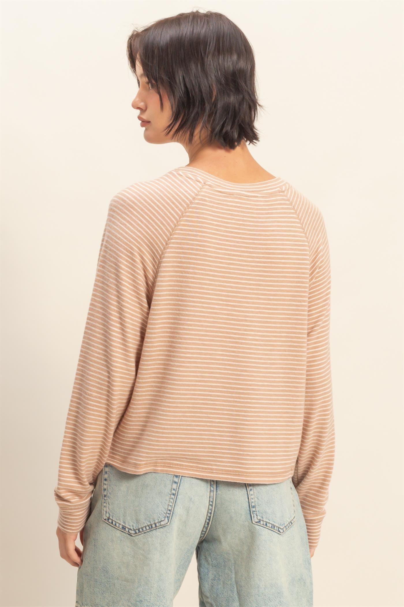Wholesale Striped Raglan Long Sleeve Top Clothing Tops DZ25E600 DARK TAUPE/CREAM DOUBLE ZERO