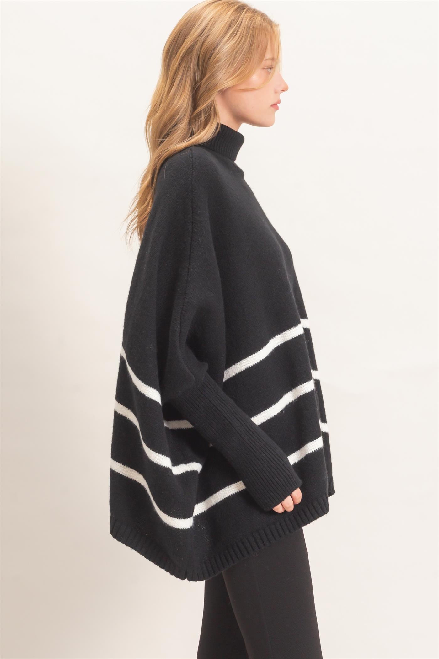Wholesale Striped Turtleneck Poncho Sweater Sweaters HF26F194 BLACK HYFVE