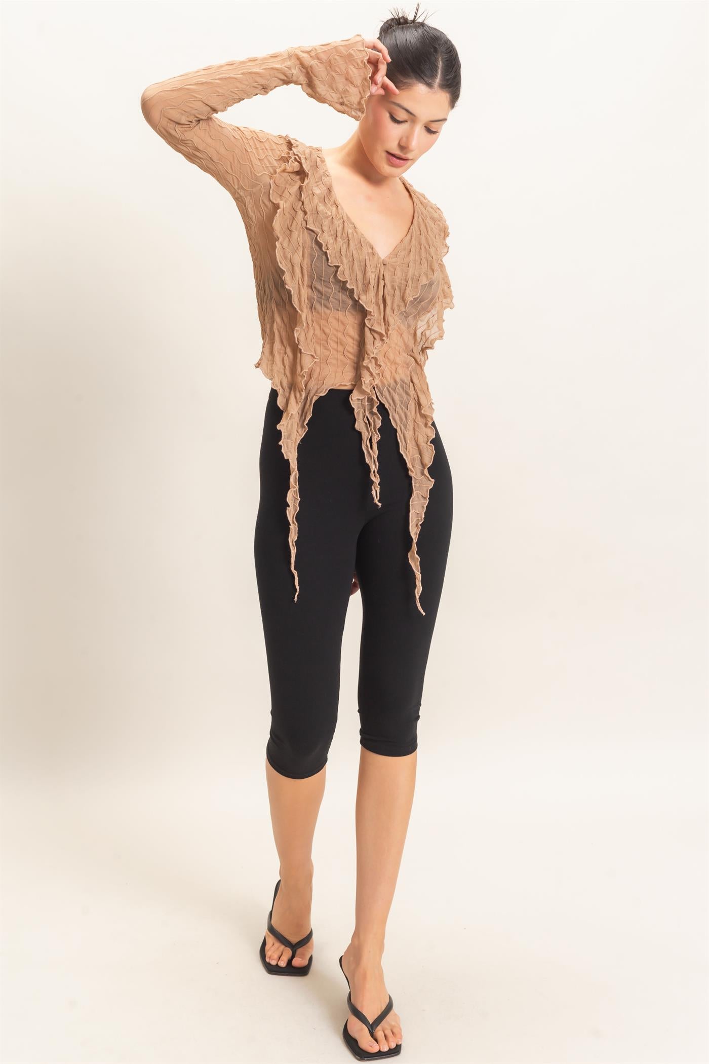 Wholesale Textured V-Neck Tie Front Top Blouses HF26F072 TAN HYFVE