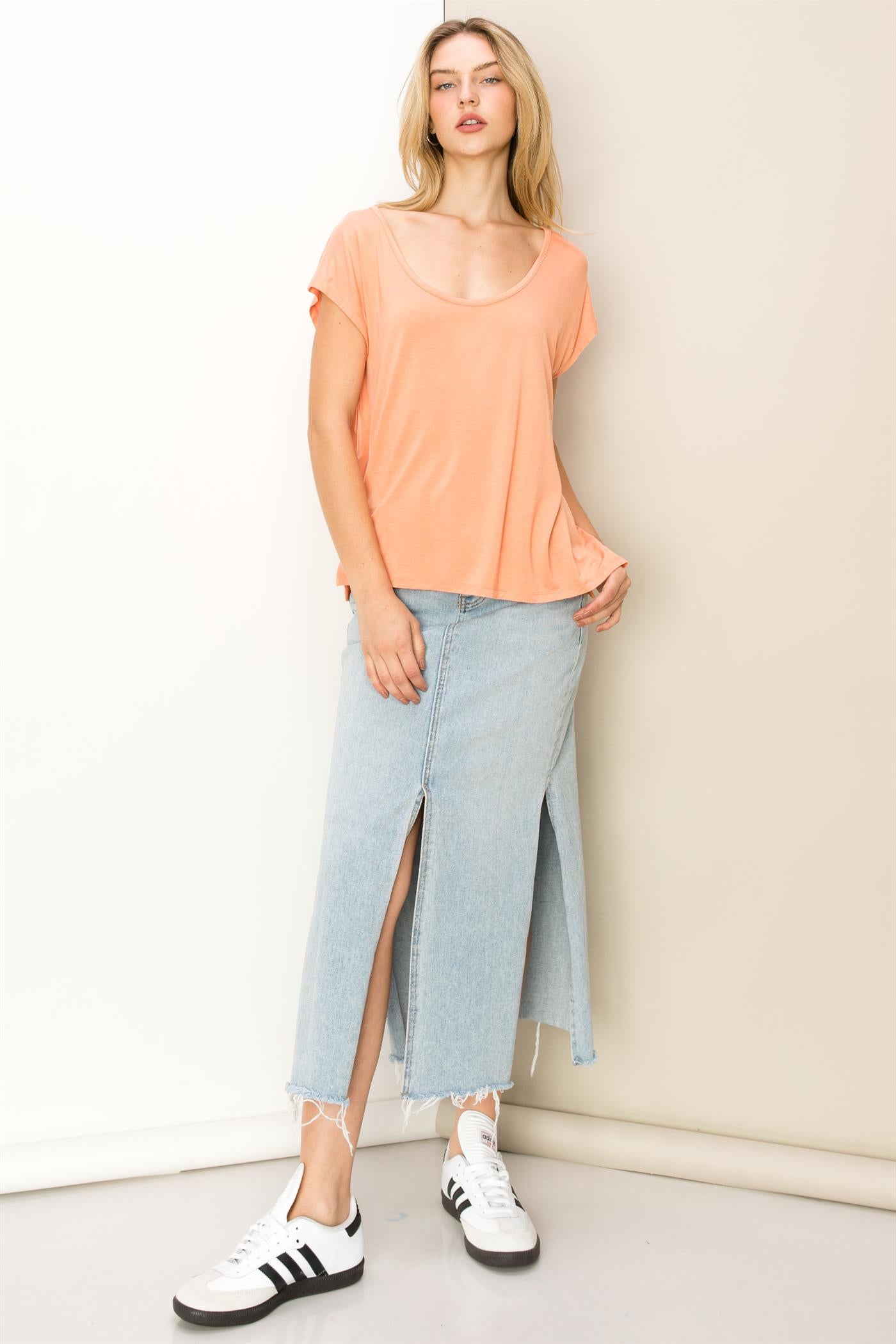 Wholesale Scoop Neck Short Sleeves Top Clothing Tops DZ23C788 TROPICAL PEACH DOUBLE ZERO