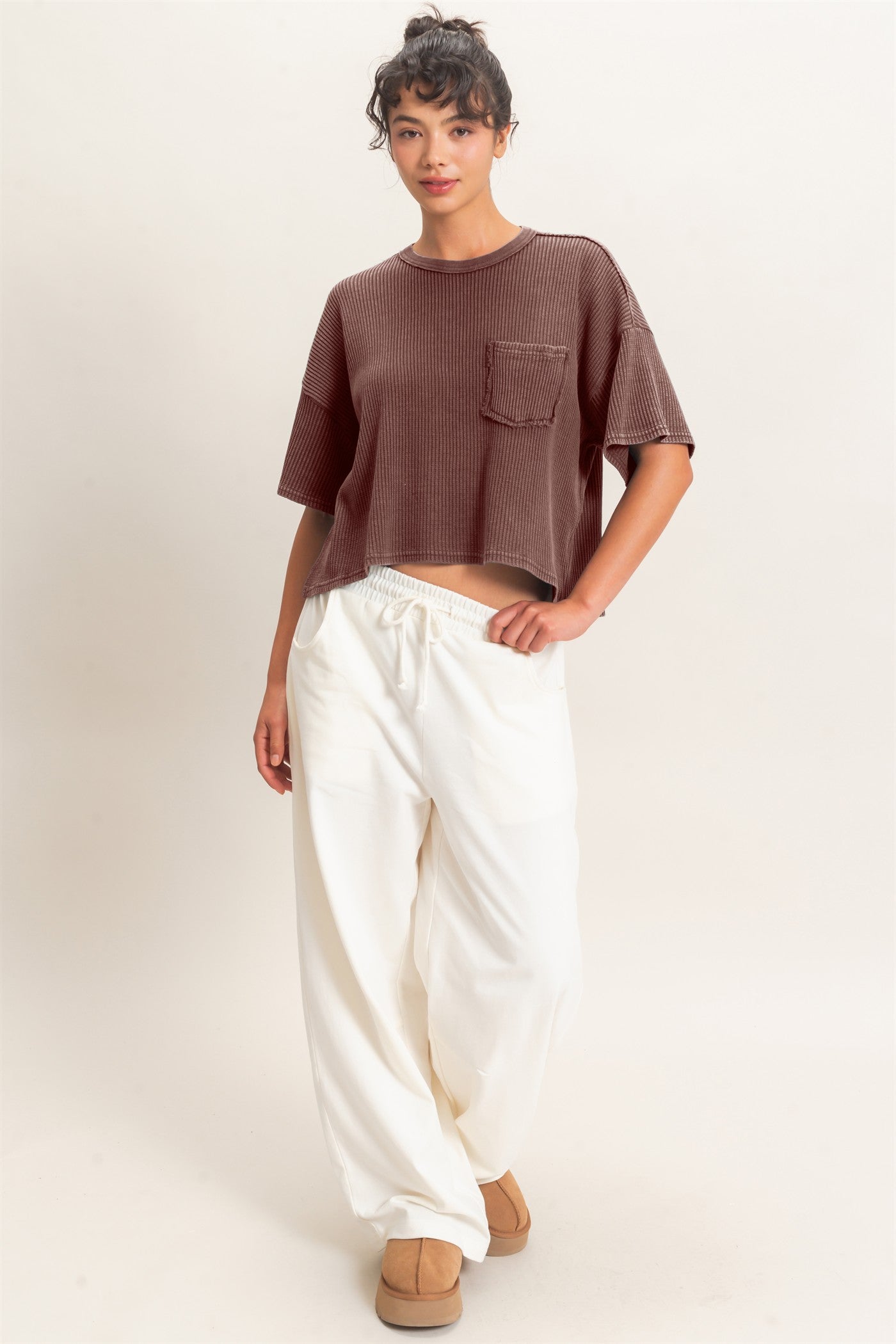 Wholesale Mineral Wash Waffle Knit Pocket Top Clothing Tops DZ26E222 DARK BROWN DOUBLE ZERO
