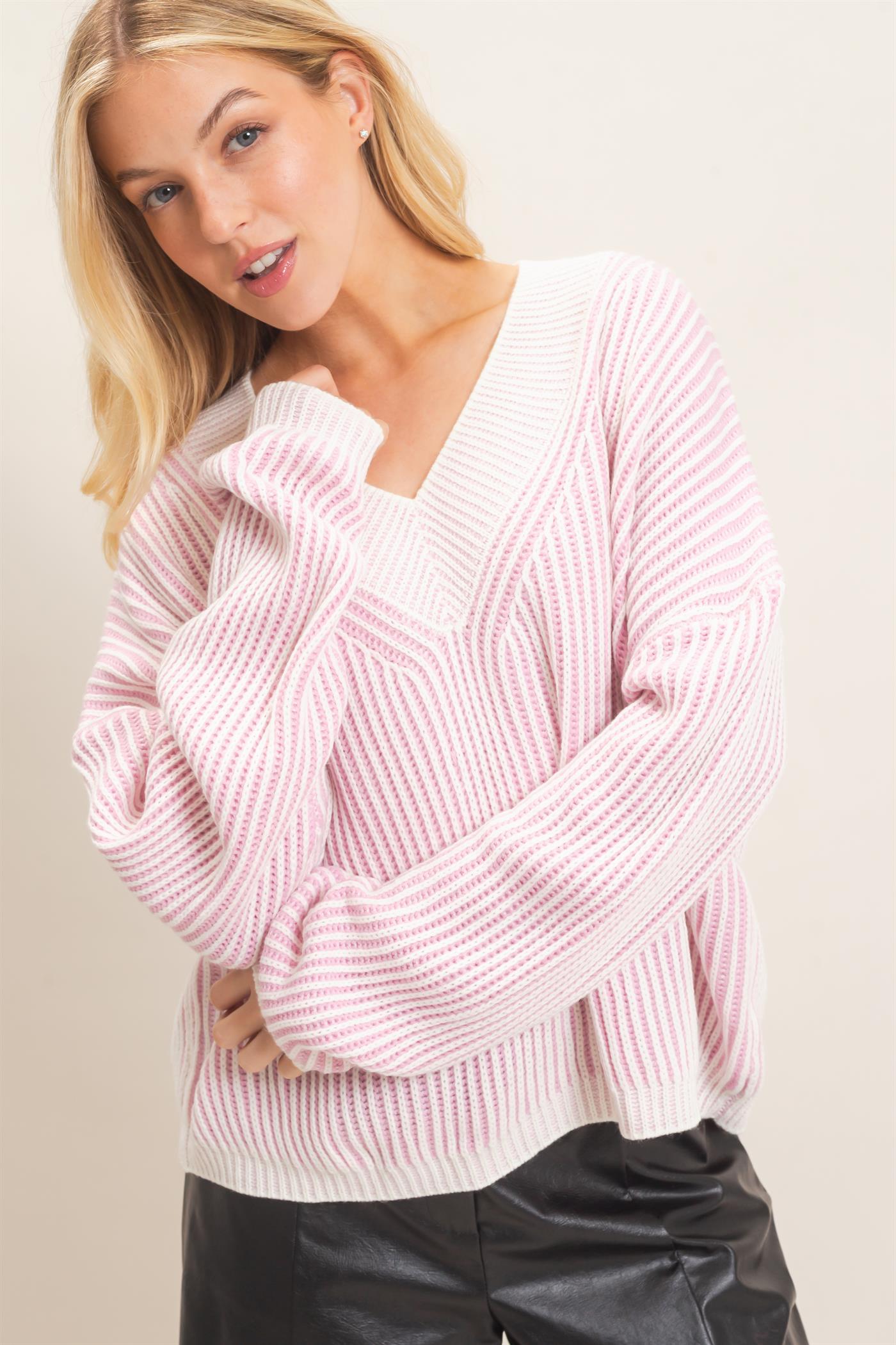 Wholesale Striped V-Neck Ribbed Sweater Sweaters HF26F202 PINK HYFVE