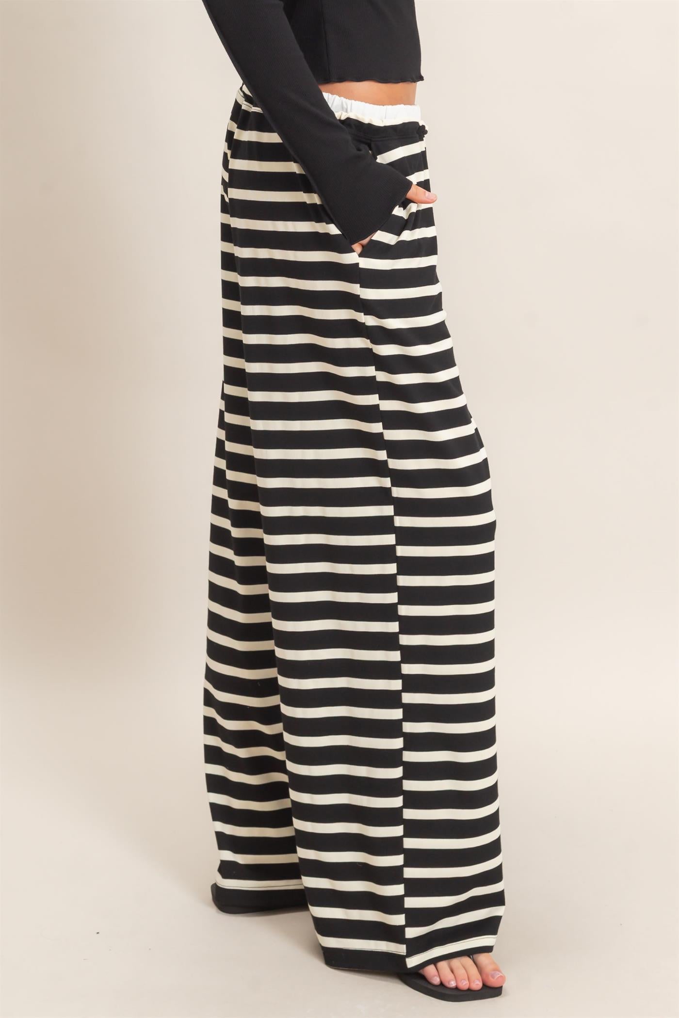 Wholesale Striped Wide-Leg Pants Pants HF26F229-D BLACK/ CREAM HYFVE