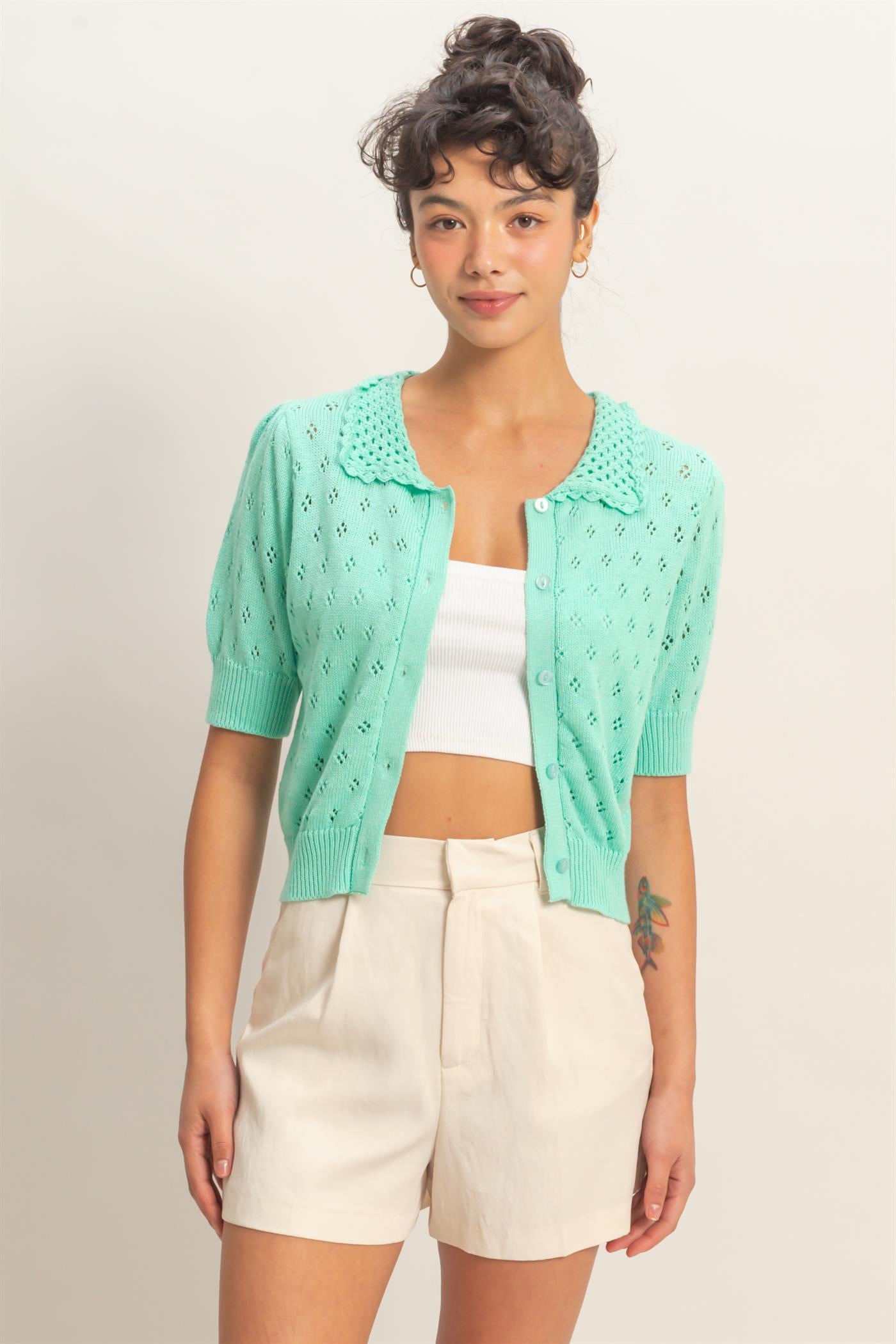 Wholesale Pointelle Collar Button-Up Puff Sleeve Knit Top Clothing Tops DZ26A748 MINT HYFVE