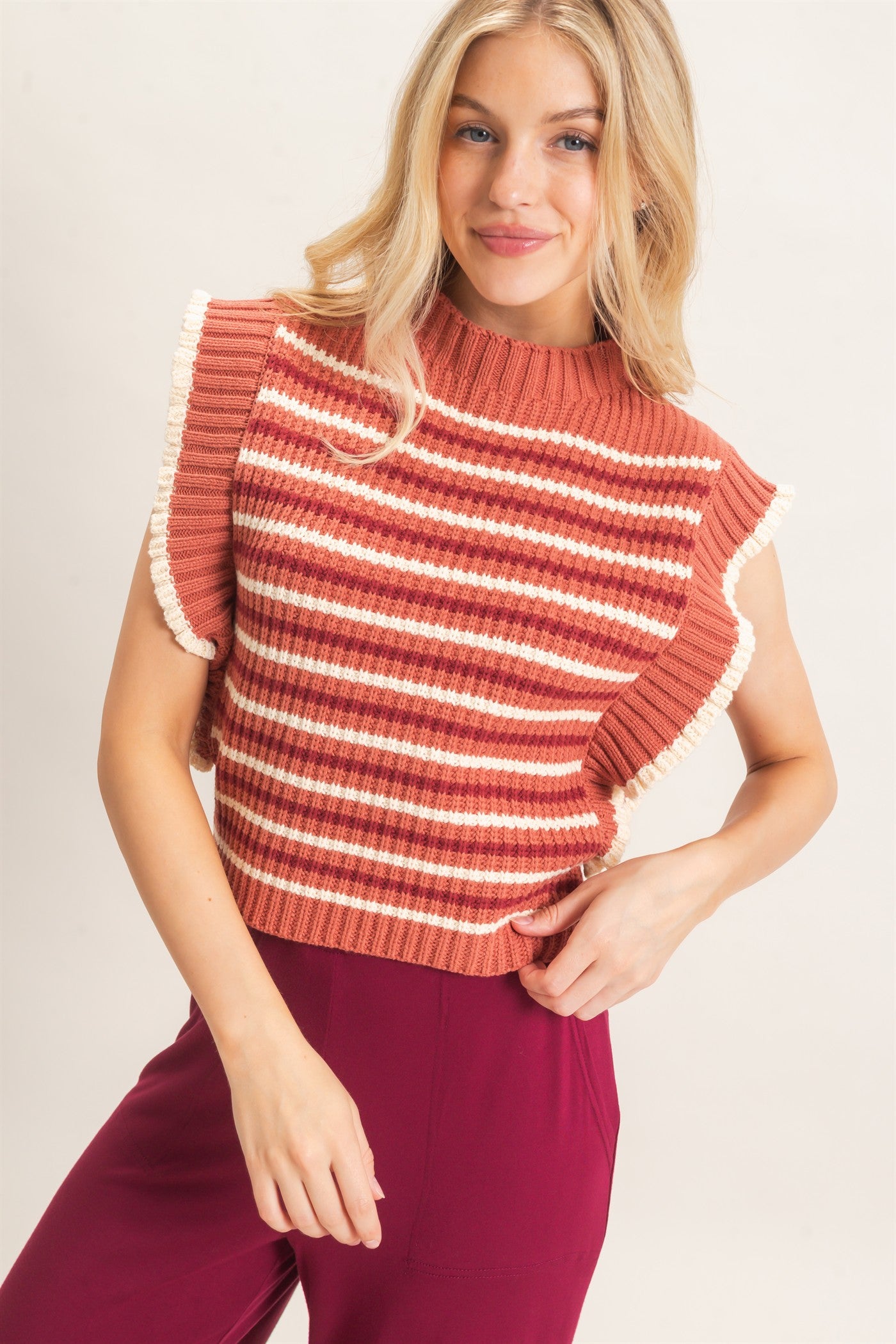 Wholesale Ribbed Ruffle Sleeve Sweater Sweaters HF26F182 RUST HYFVE