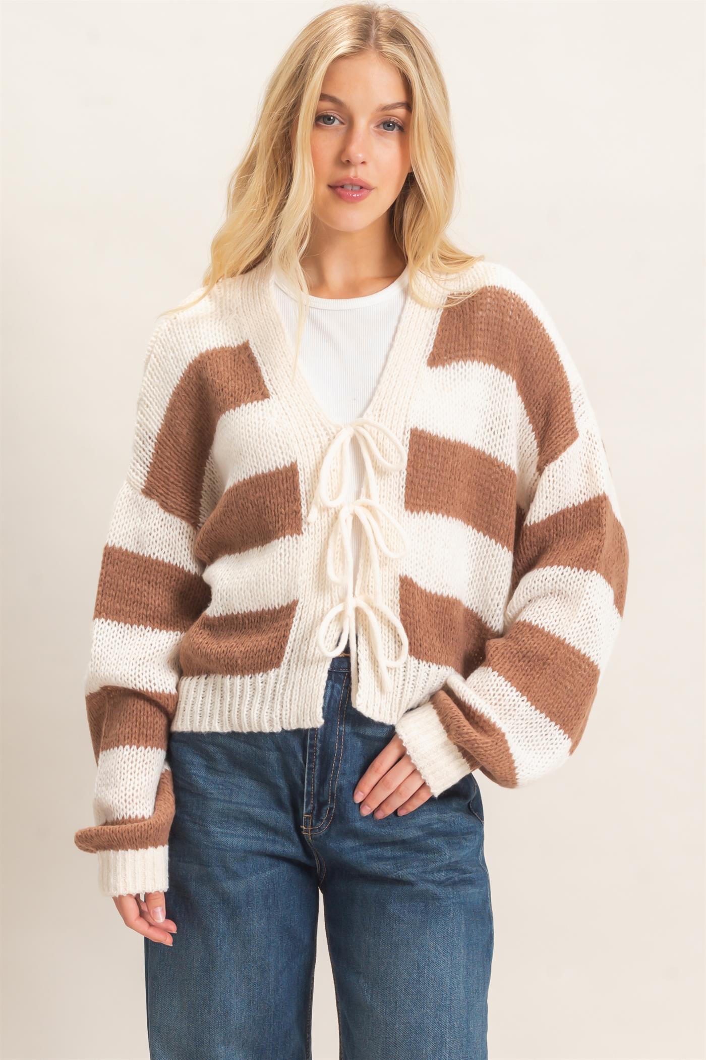 Wholesale Striped V-Neck Sweater Cardigan Cardigans HF26E959 BROWN HYFVE