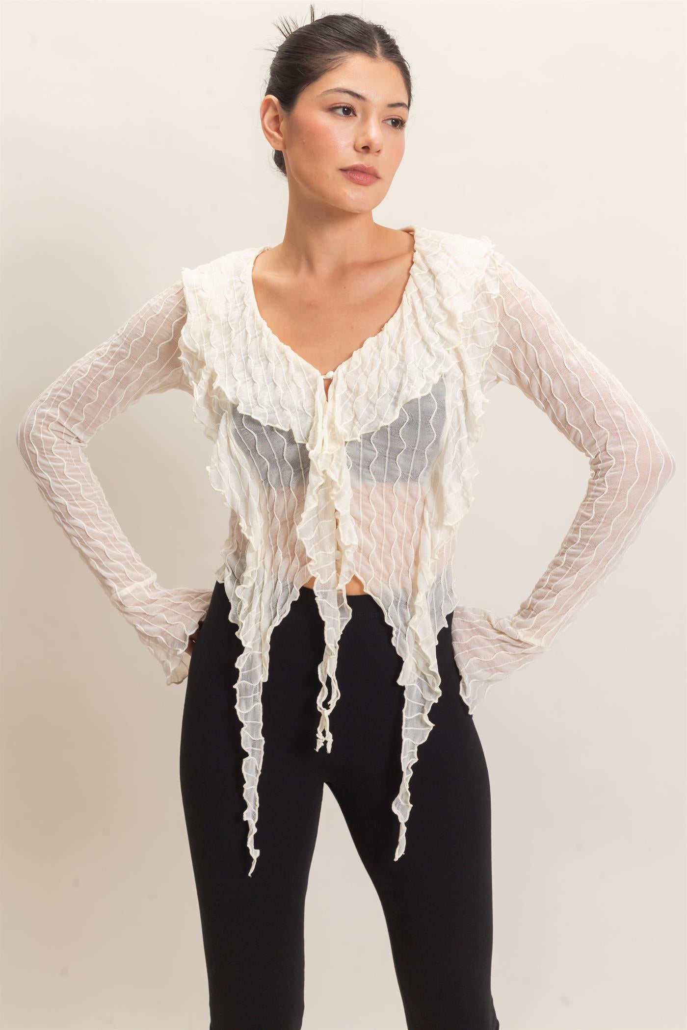 Wholesale Textured V-Neck Tie Front Top Blouses HF26F072 IVORY HYFVE
