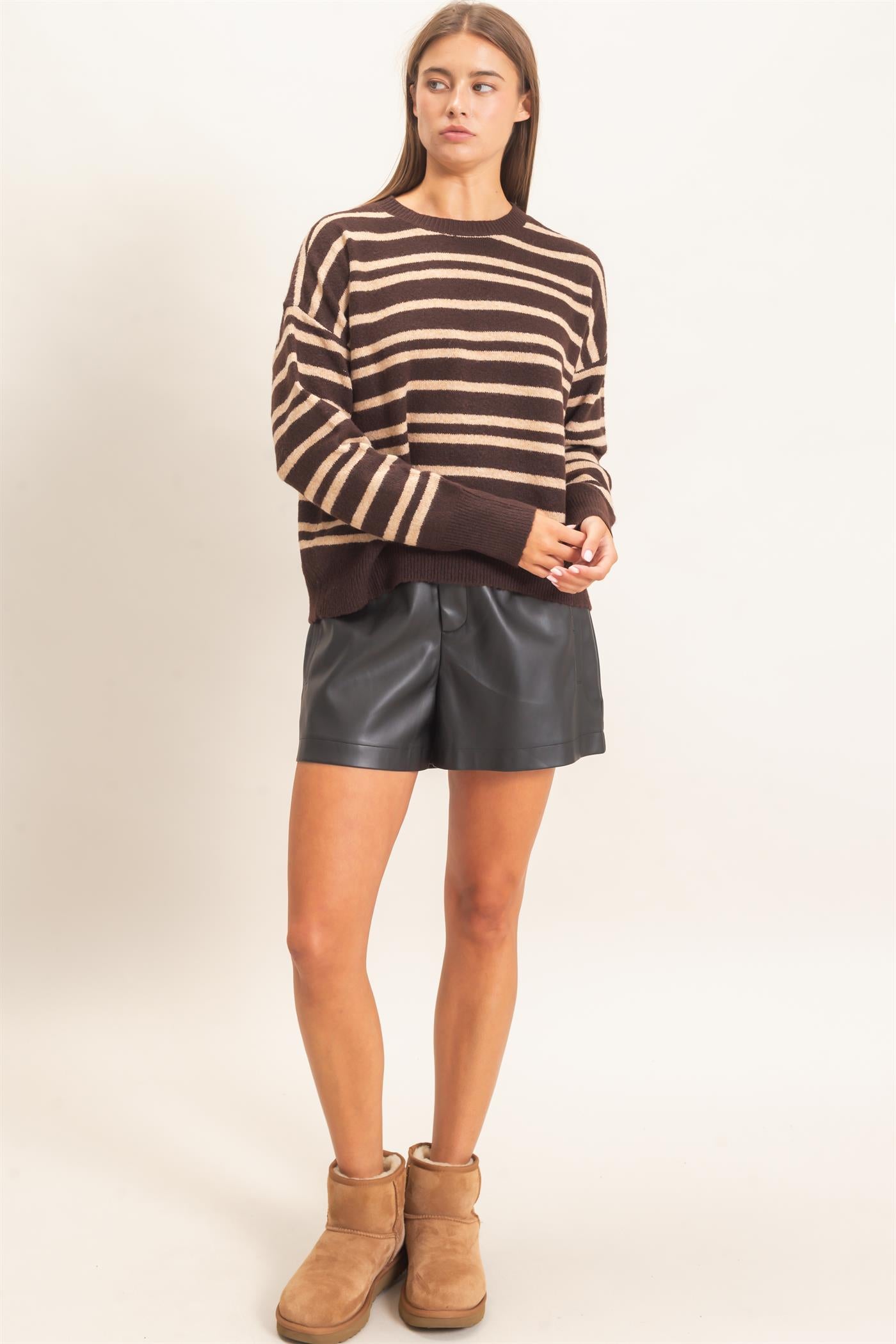 Wholesale Striped Crew Neck Sweater Sweaters DZ26E389 DARK BROWN DOUBLE ZERO