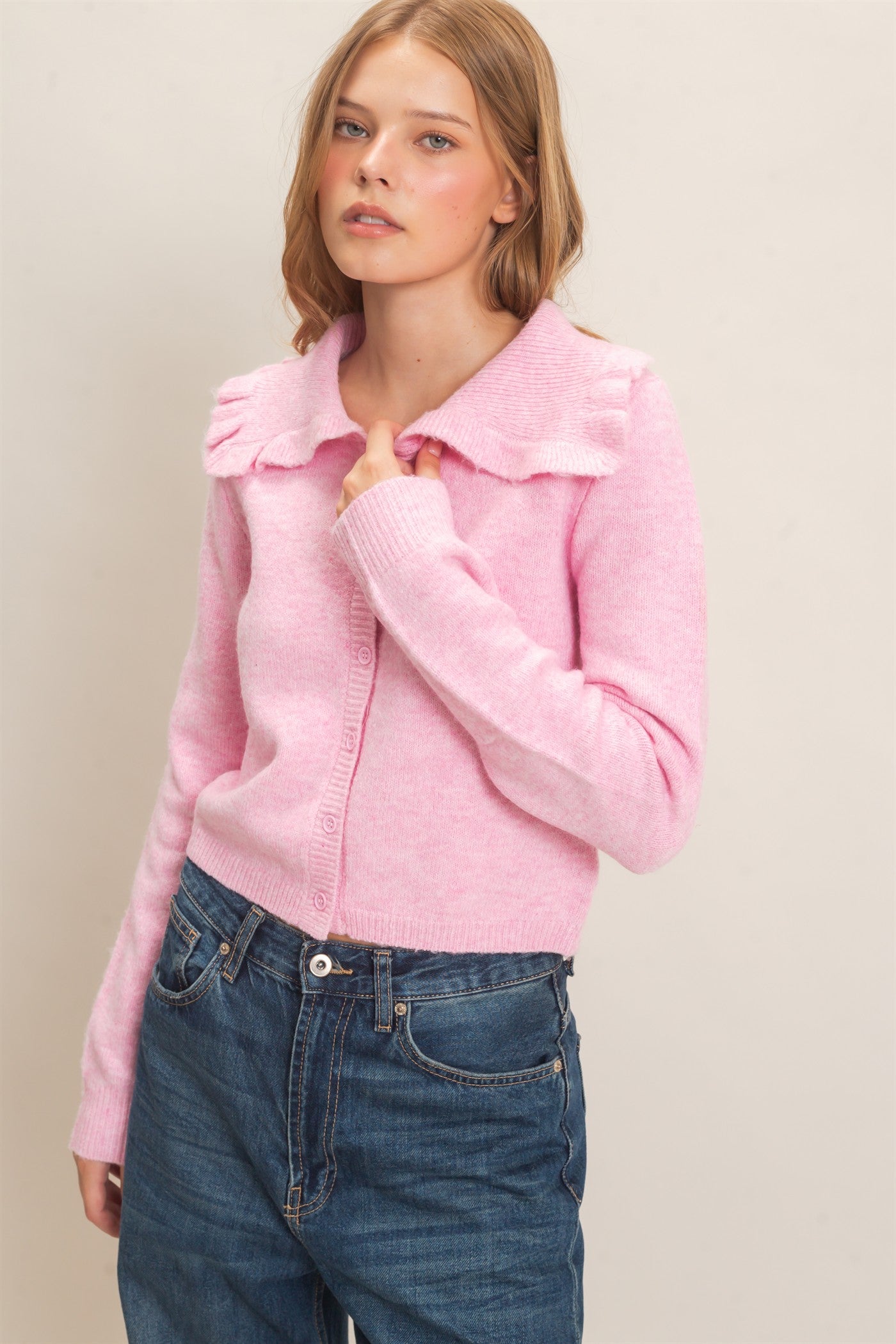 Wholesale Ruffled Collar Knit Cardigan Cardigans HF26E162-D PINK HYFVE