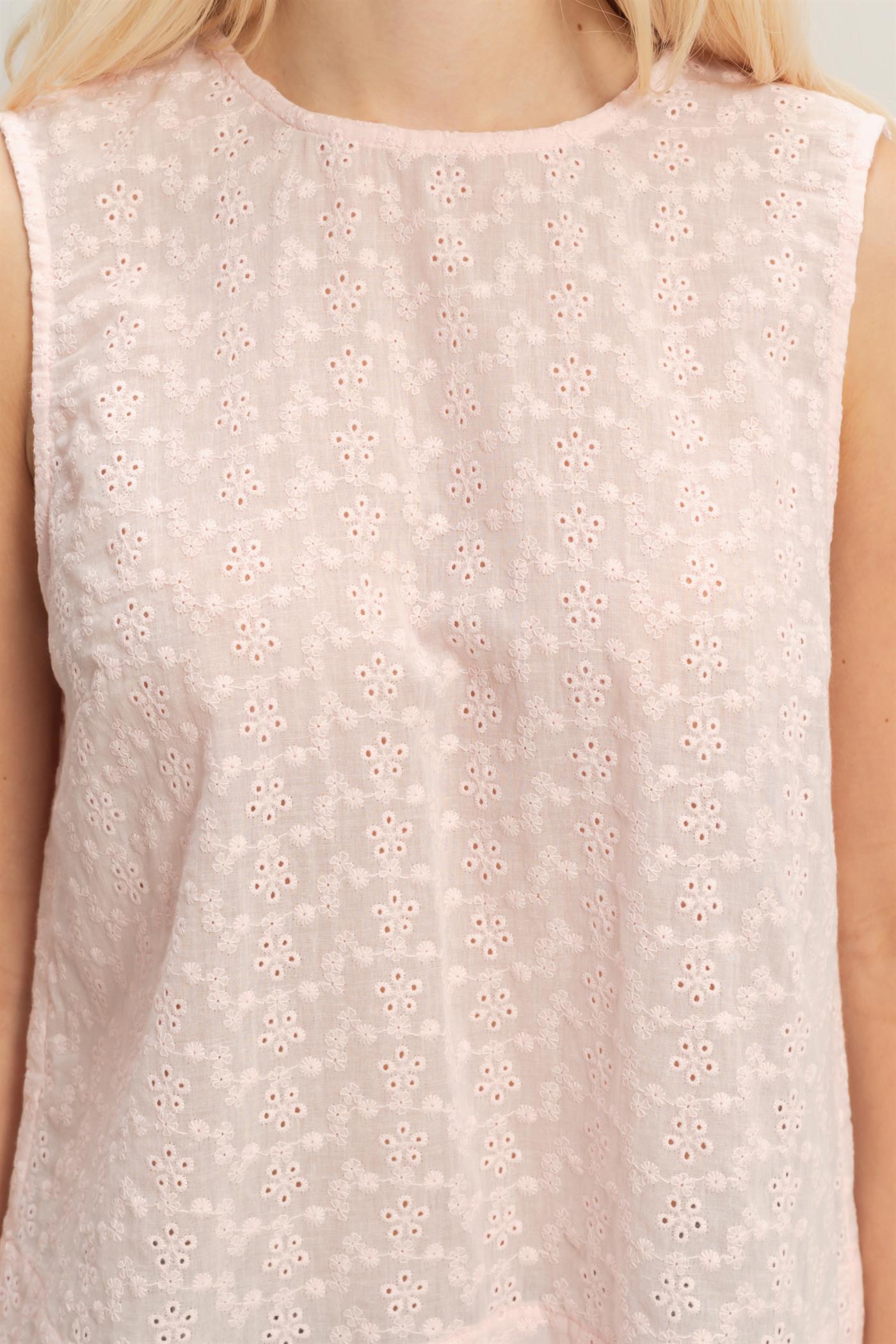Wholesale Eyelet Sleeveless Top With Back Buttons Clothing Tops DZ26C541 SOFT PINK DOUBLE ZERO