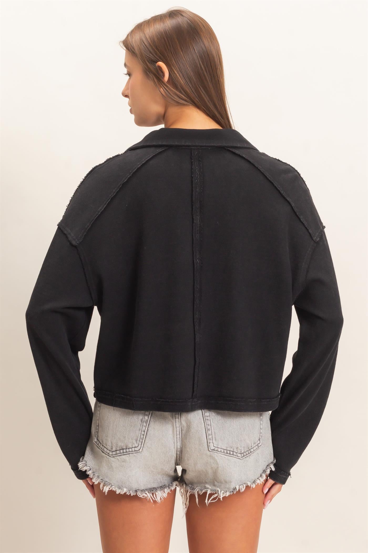 Wholesale Mineral Wash Textured Collar Top Polos DZ26E814 BLACK DOUBLE ZERO