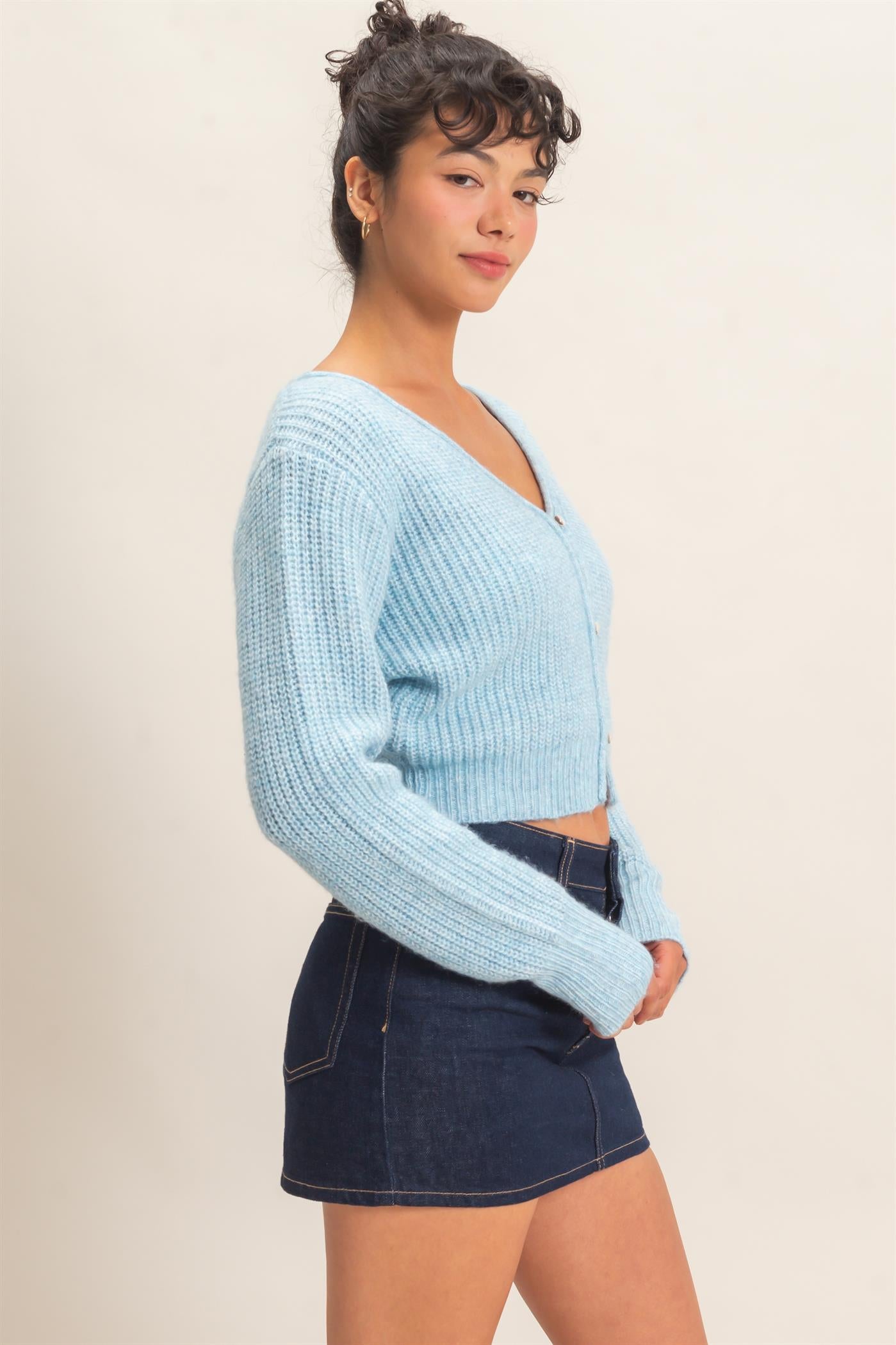 Wholesale V-Neck Ribbed Cardigan Cardigans DZ26E106 BLUE DOUBLE ZERO