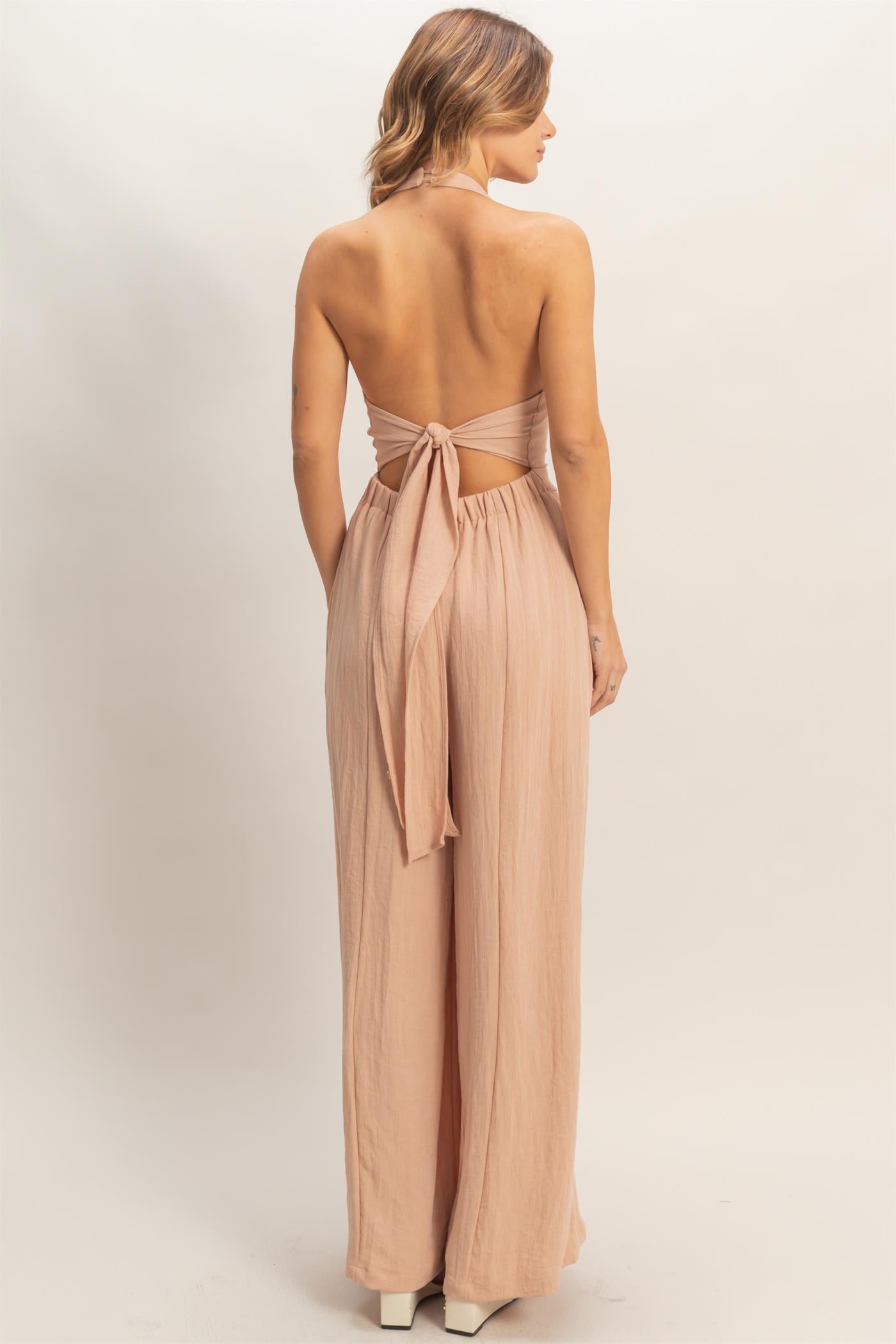 Wholesale Halter Button-Front Jumpsuit Clothing HF26A615-D PEACH BLUSH HYFVE