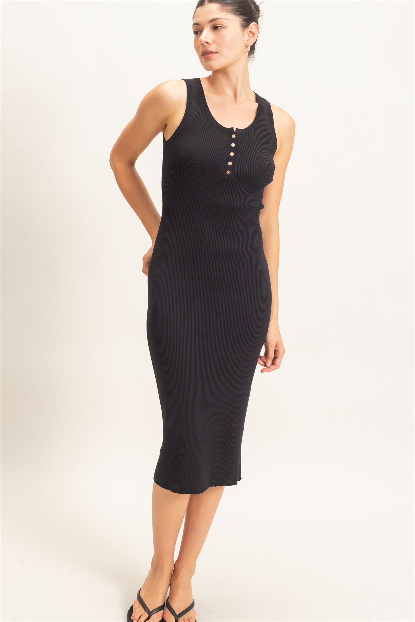 Wholesale Ribbed Button-Front Tank Dress Dresses HF26E218 BLACK HYFVE