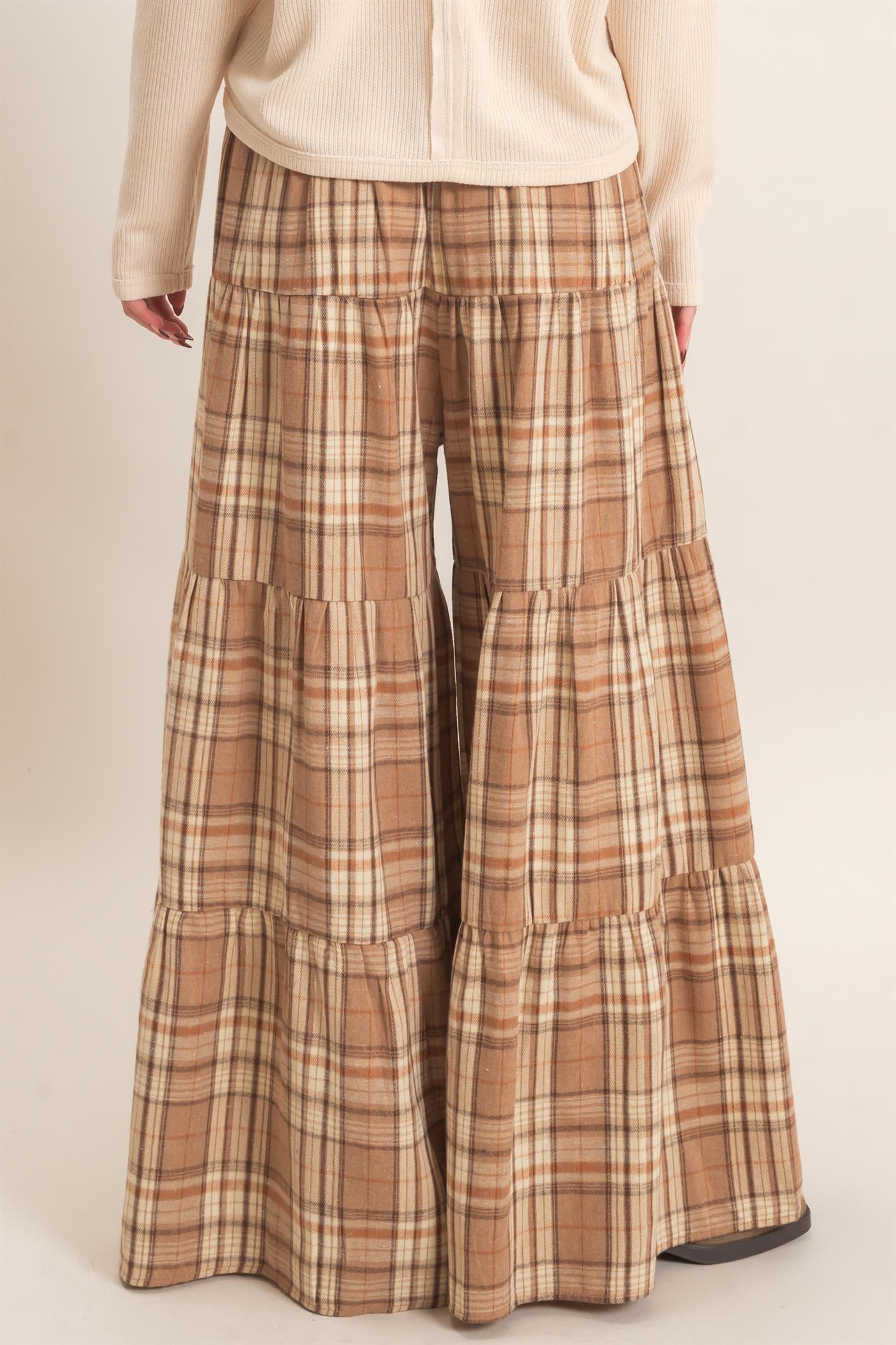 Wholesale Tiered Plaid Wide-Leg Pants Pants HF26E042 MOCHA HYFVE