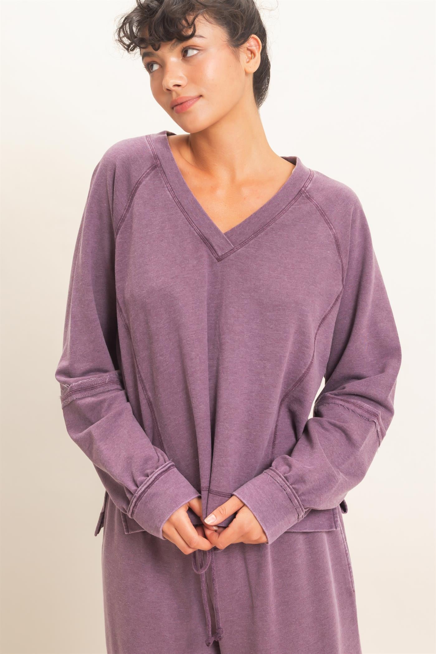 Wholesale Mineral Wash V-Neck Seam Detail Sweatshirt Sweatshirts DZ26F014 DARK CHERRY DOUBLE ZERO