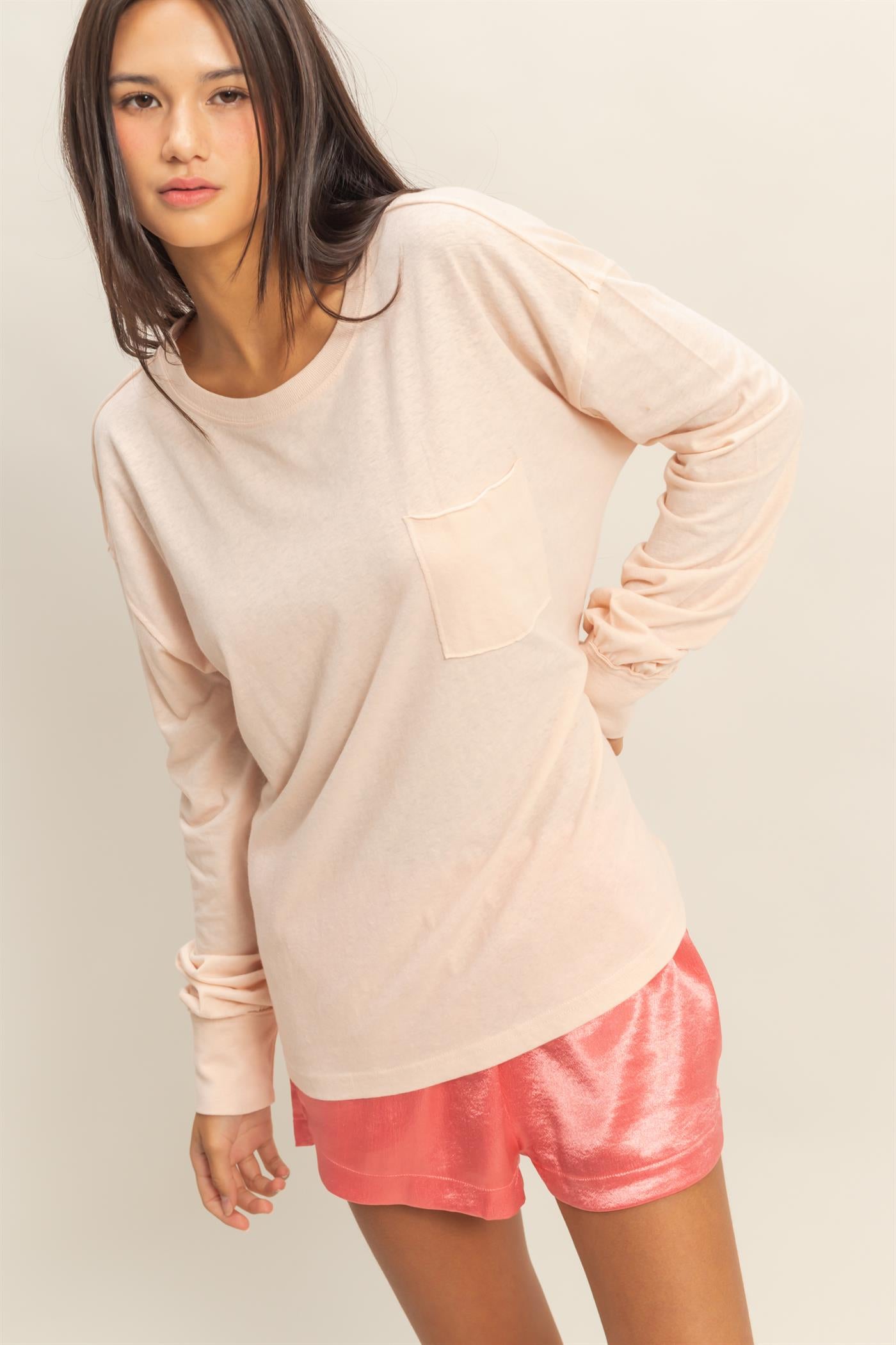 Wholesale Long Sleeve Pocket T-Shirt Clothing Tops DZ23G149 DUSTY PINK DOUBLE ZERO