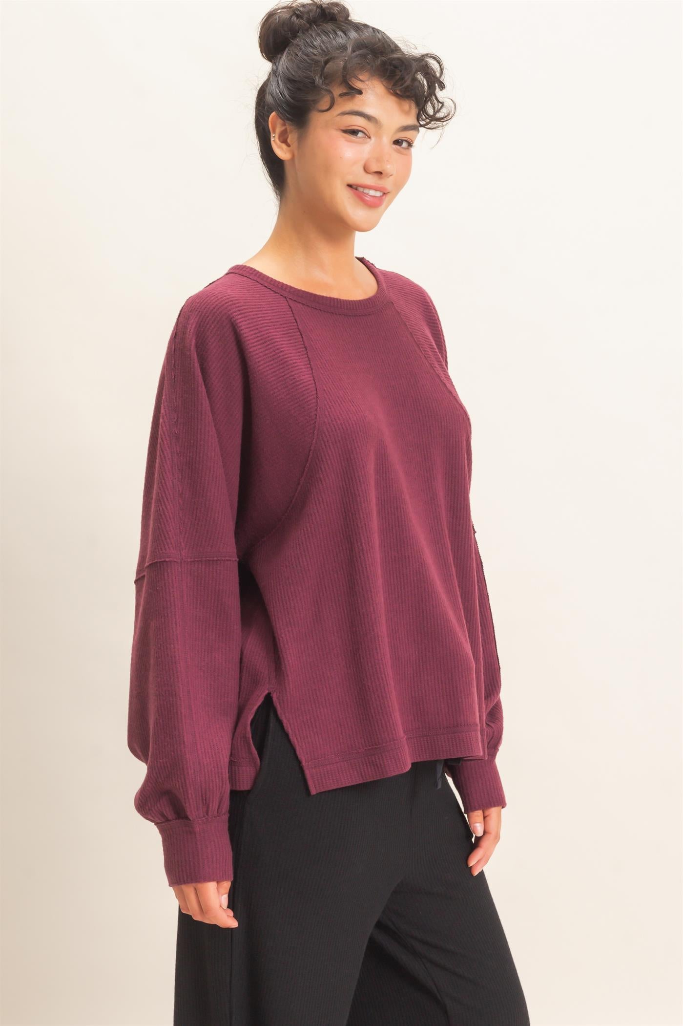 Wholesale Brushed Waffle Long Sleeve Top Clothing Tops DZ26F312 DARK CHERRY DOUBLE ZERO