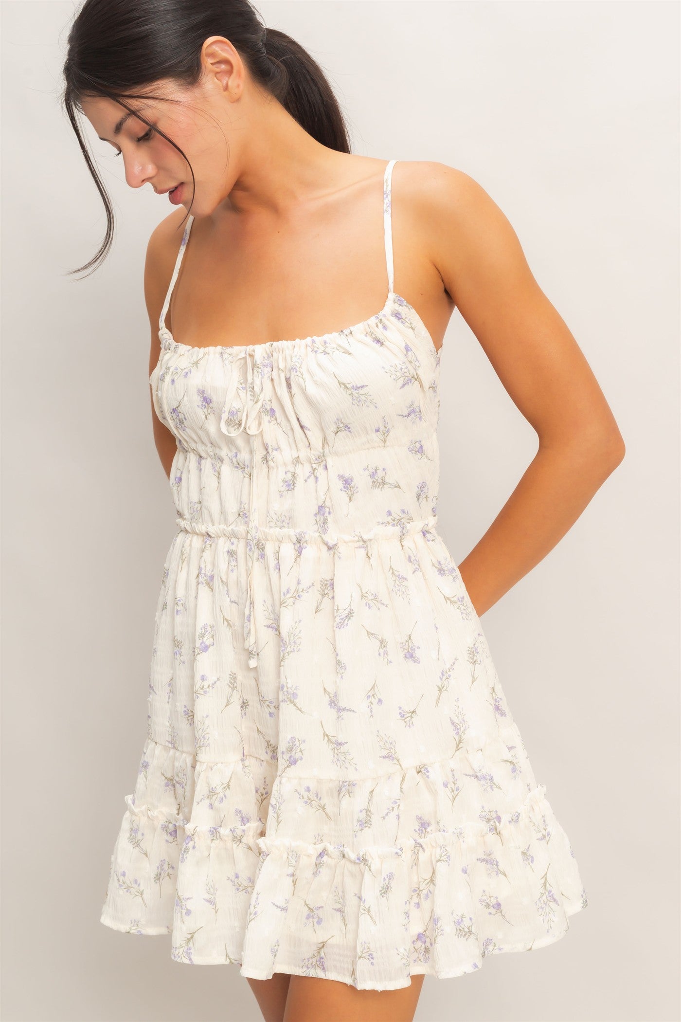 Wholesale Floral Strapless Tiered Dress Dresses HF26A147 PURPLE HYFVE