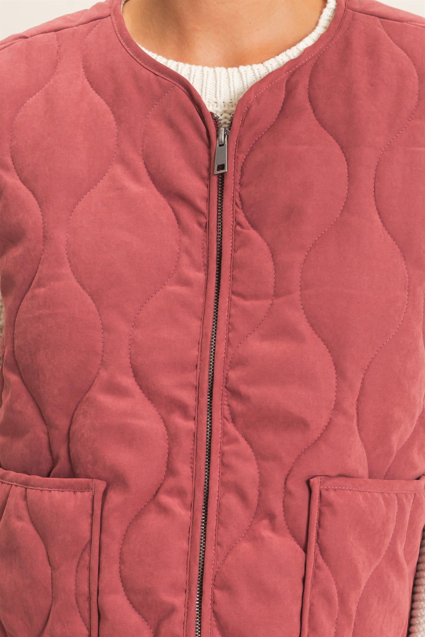 Wholesale Quilted Vest With Pockets Vests DZ26F336 BURGUNDY DOUBLE ZERO
