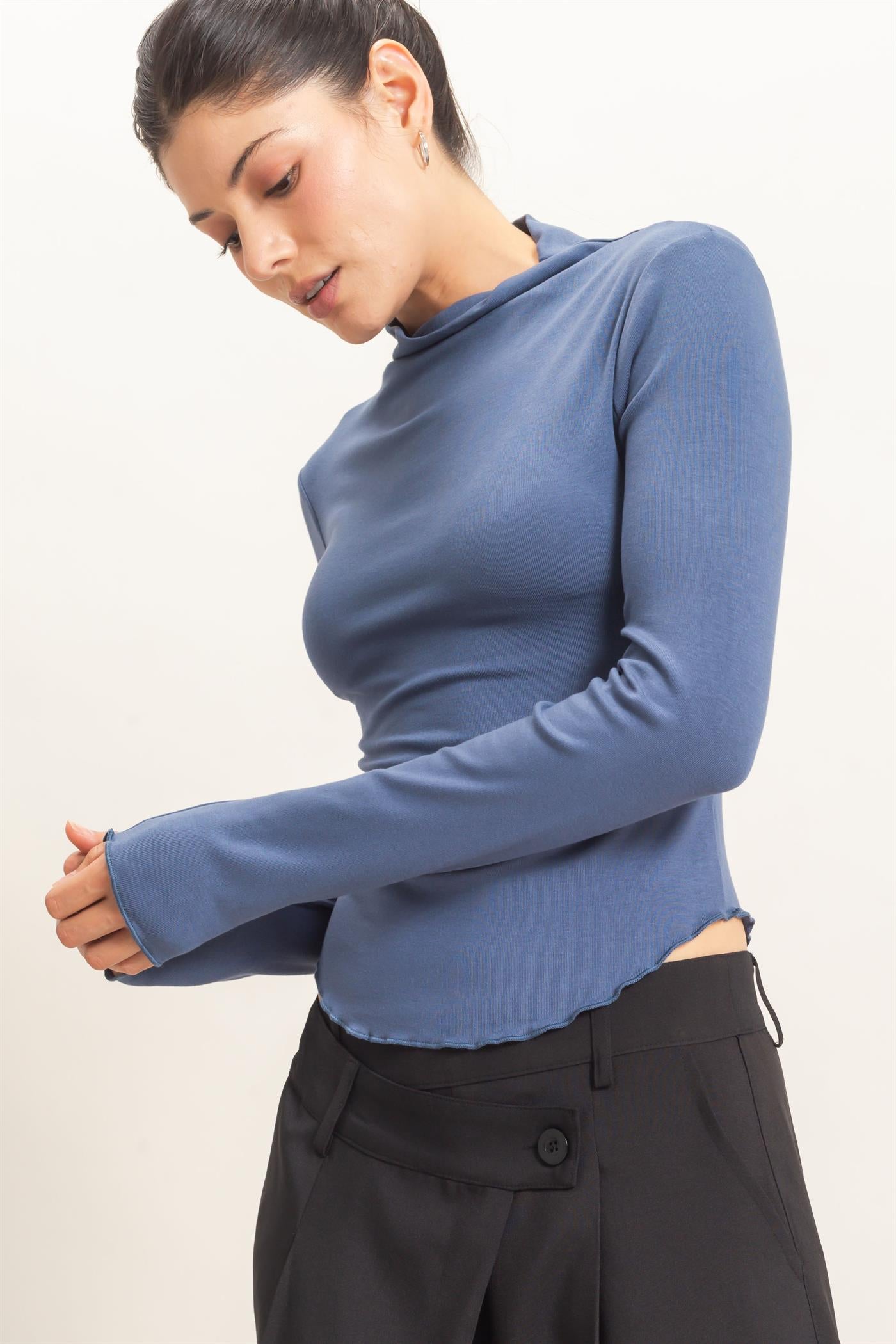 Wholesale Long Sleeve Lettuce Hem Top Clothing Tops HF26F122 STEEL BLUE HYFVE