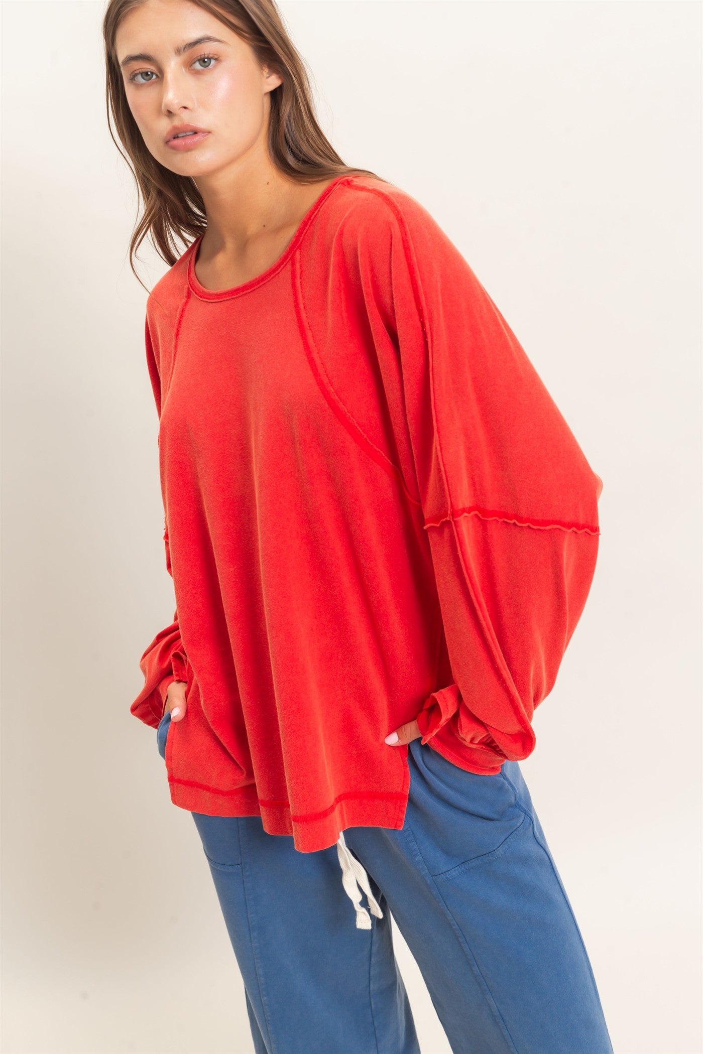 Wholesale Raglan Sleeve Snow Wash Top Shirts DZ26E945 RED DOUBLE ZERO