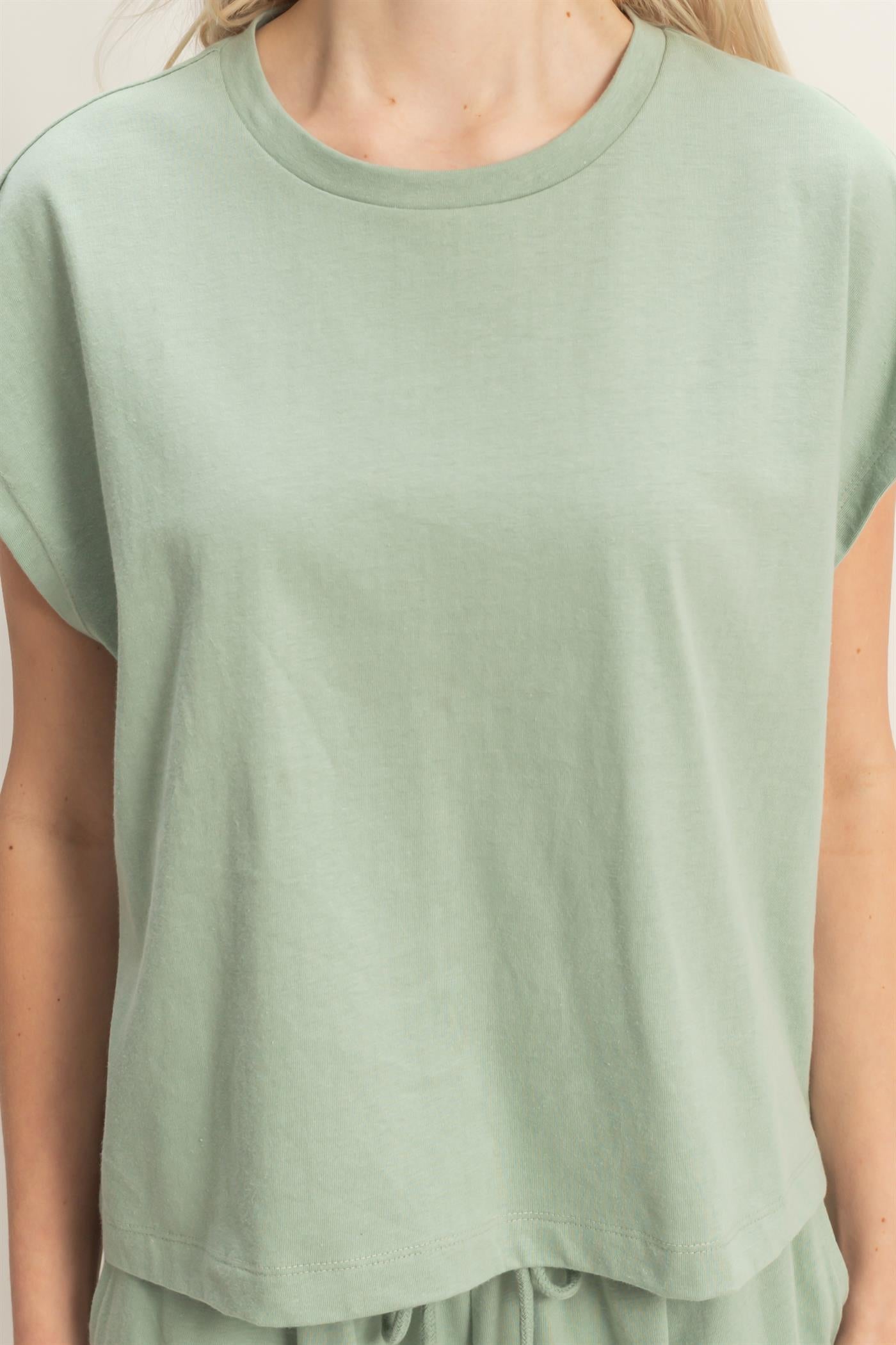 Wholesale Cap Sleeve Boxy Top And Shorts Set Clothing DZ26C543-SET SAGE GREEN DOUBLE ZERO