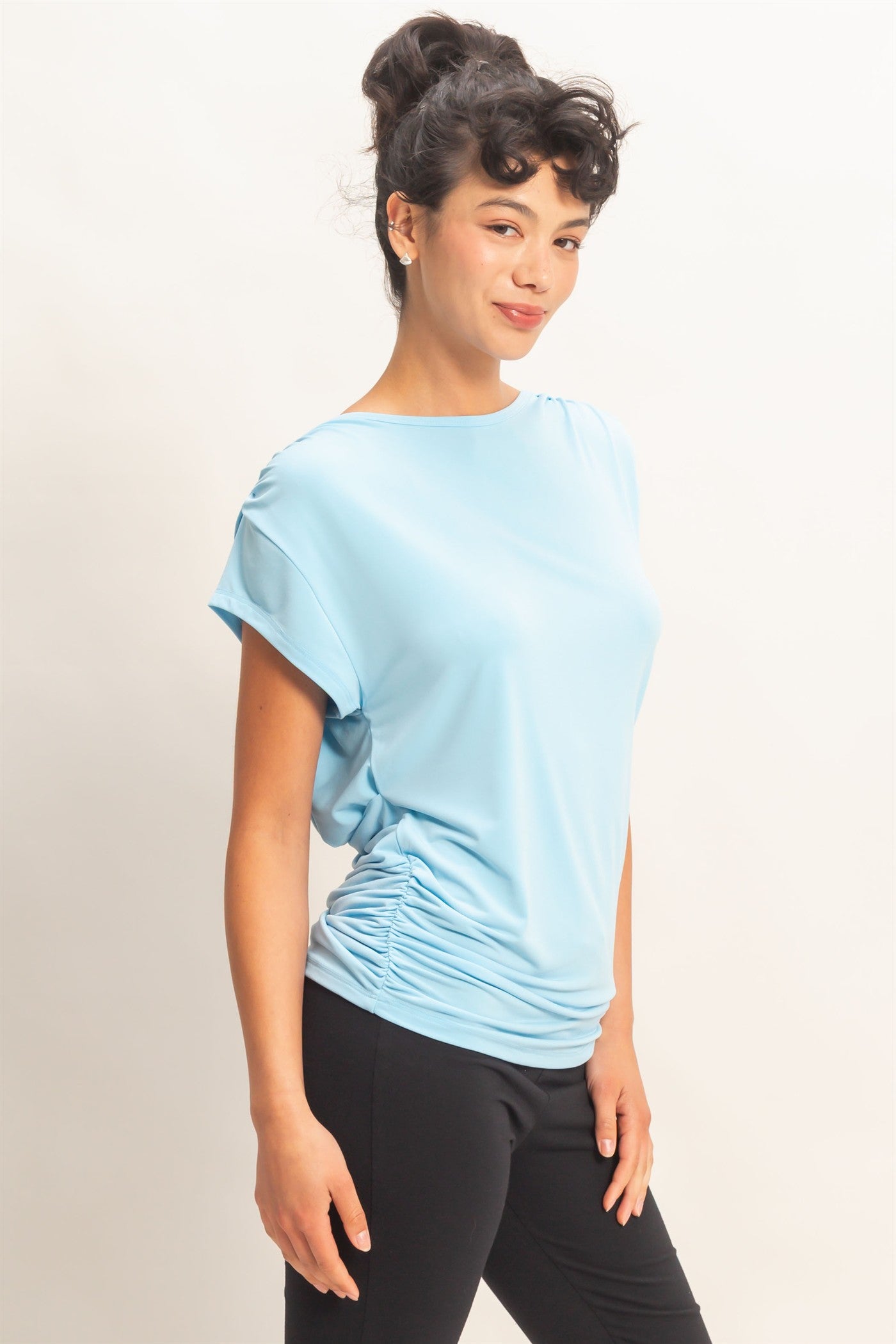 Wholesale Cowl Back Draped Cap Sleeve Top Clothing Tops DZ26C025 BLUE DOUBLE ZERO