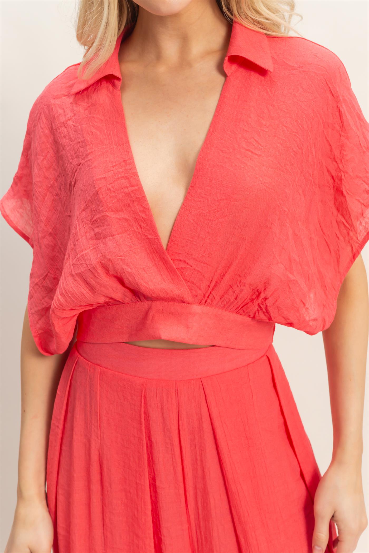 Wholesale Collared Wrap Top & Wide-Leg Pants Set Clothing HF26C286-SET-D CORAL RED HYFVE