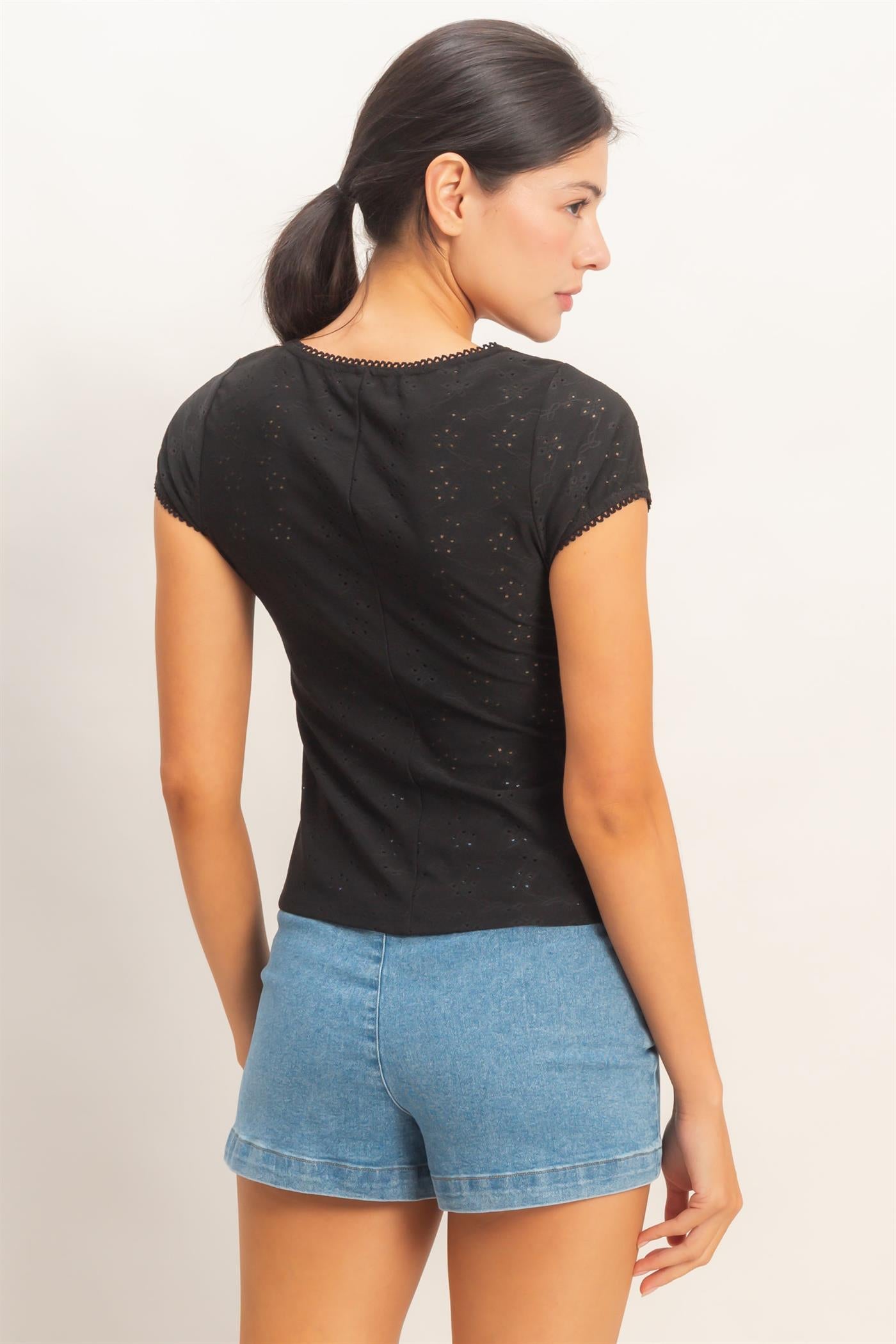 Wholesale Eyelet Button Front Knit Top Clothing Tops HF26C094 BLACK HYFVE