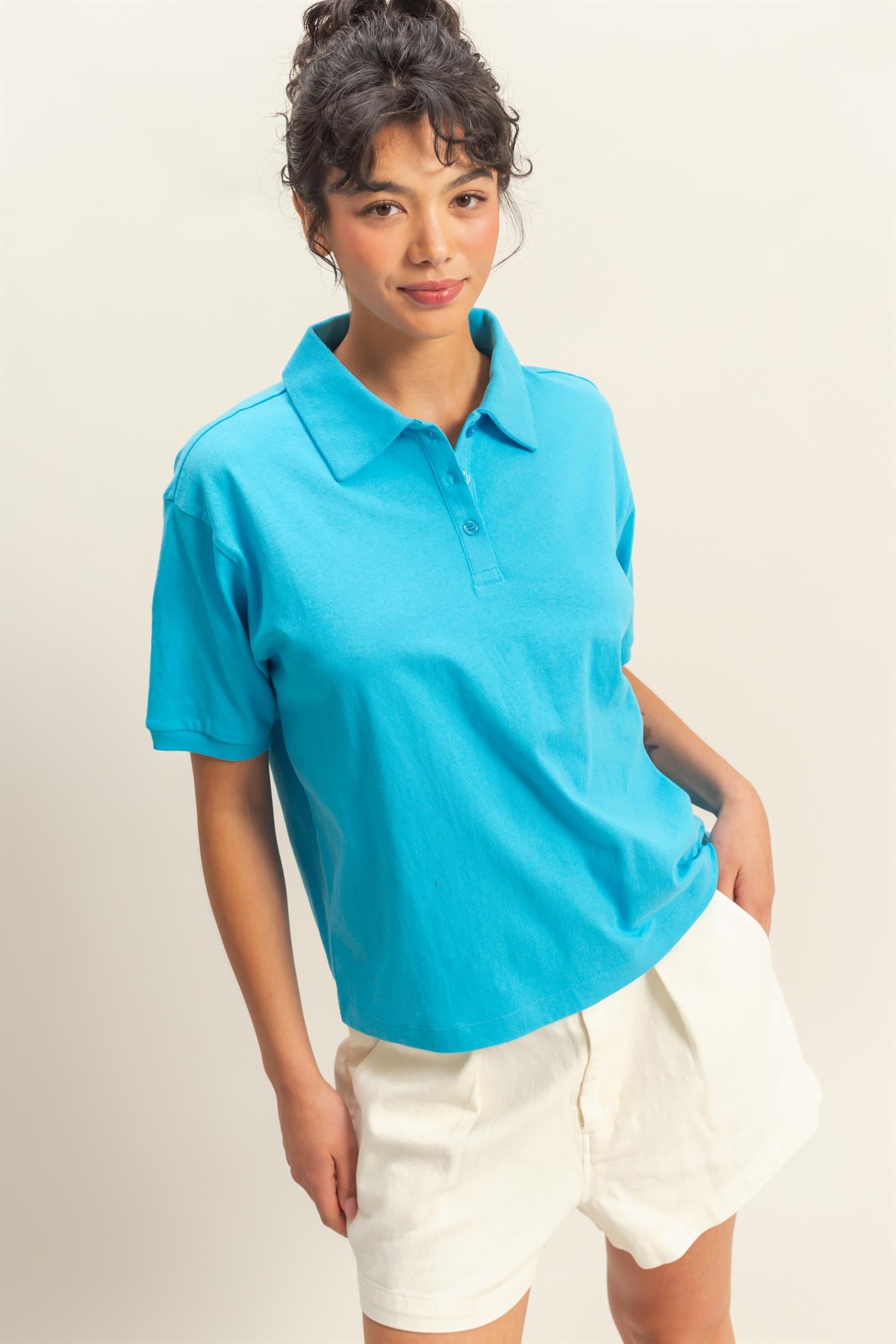 Wholesale Collared Neck Short Sleeve Relaxed Top Polos DZ25C257 AQUA BLUE DOUBLE ZERO