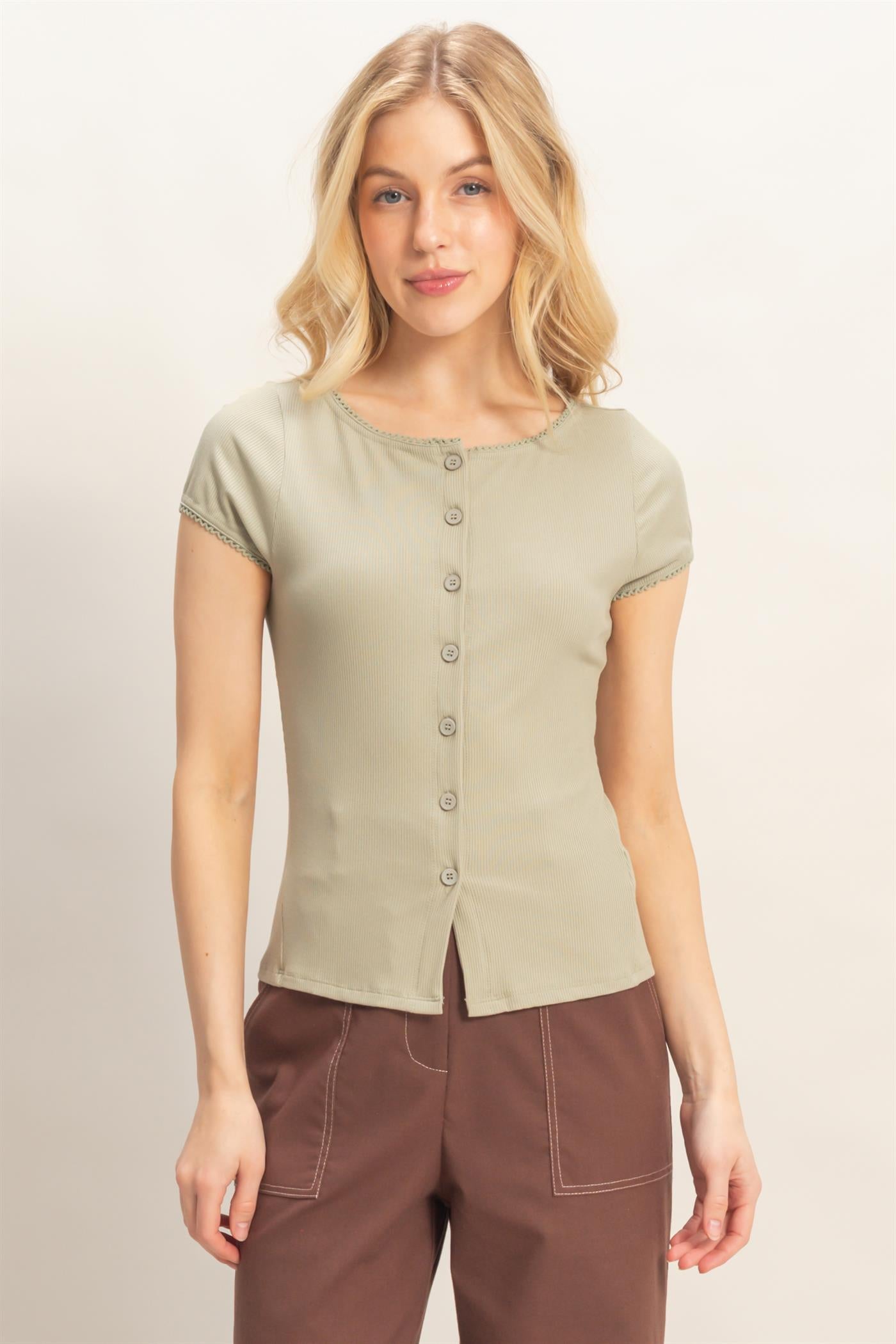 Wholesale Scalloped Button Front Top Clothing Tops HF26C607 SPRING OLIVE HYFVE