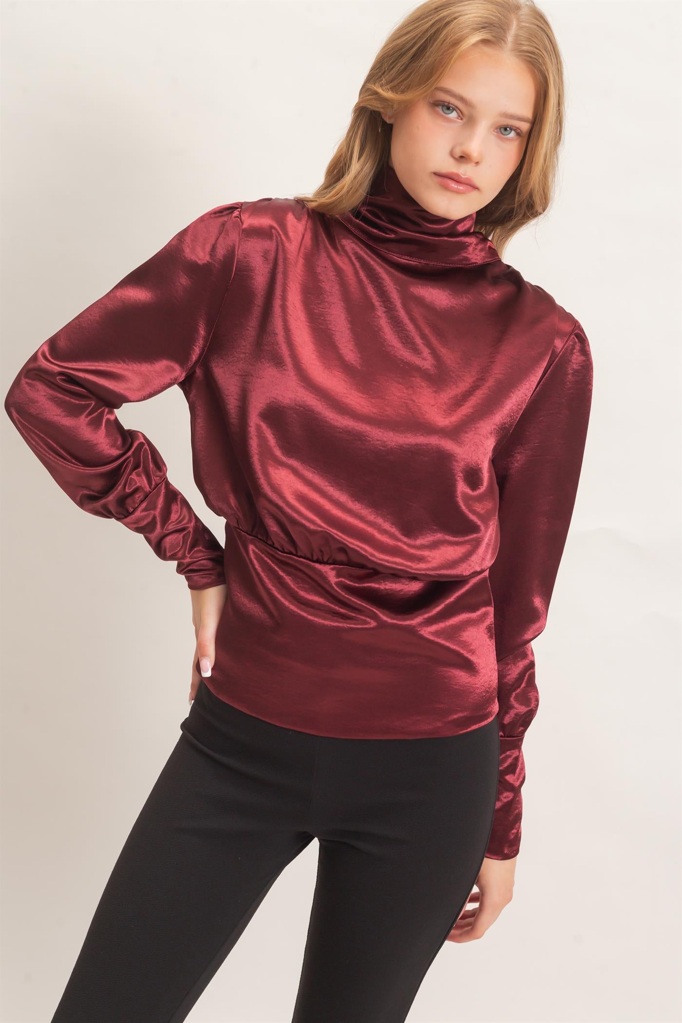 Wholesale Satin Cowl Back Blouse Blouses HF26F113 WINE HYFVE