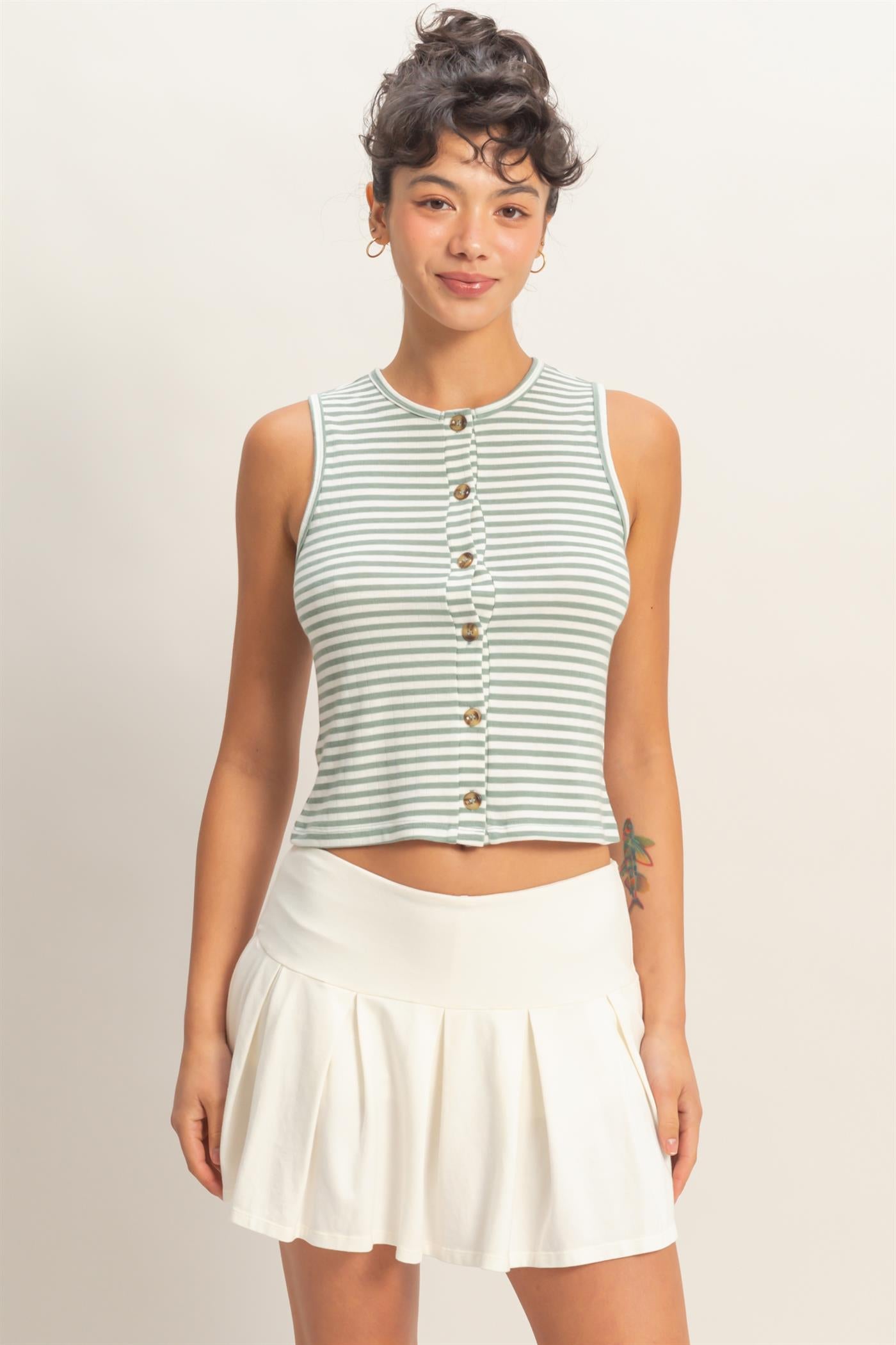 Wholesale Striped Button-Front Crew Neck Sleeveless Top Clothing Tops DZ26C075 SAGE GREEN DOUBLE ZERO