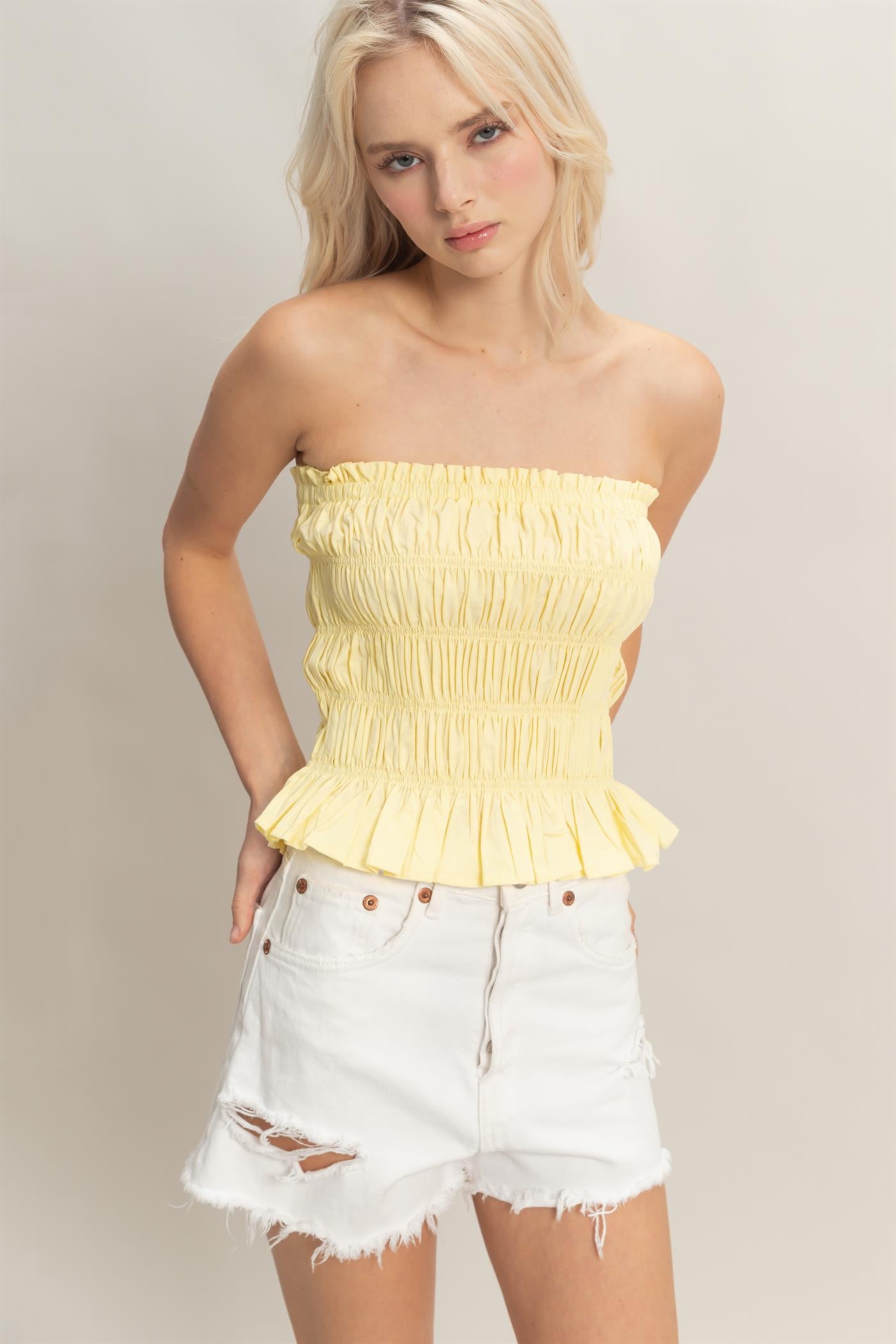 Wholesale Smocked Ruffle Tube Top Clothing Tops DZ26C282 PALE YELLOW DOUBLE ZERO