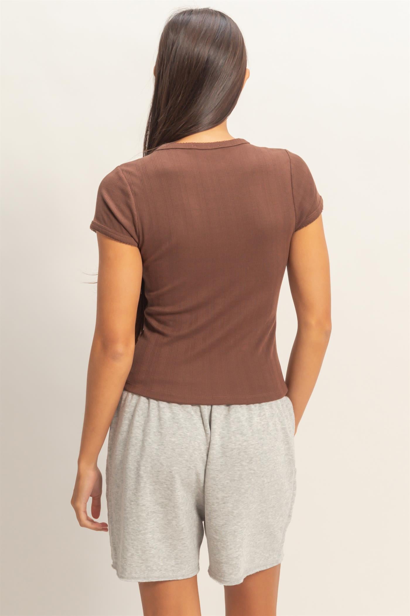 Wholesale Pointelle Short Sleeve Top Clothing Tops DZ26C285 CHOCOLATE DOUBLE ZERO