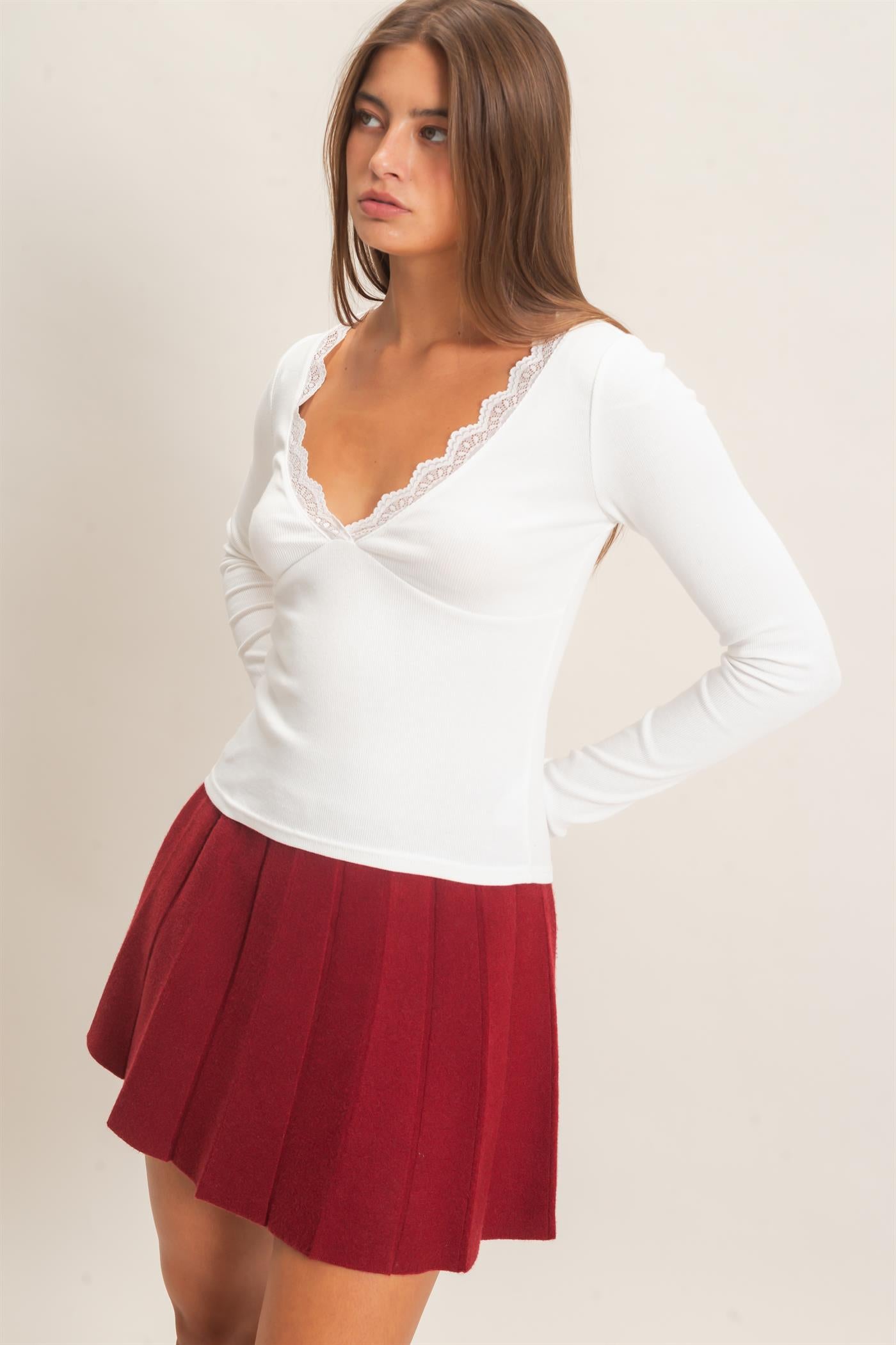 Wholesale Lace Trim V-Neck Top Clothing Tops DZ26E913 WHITE DOUBLE ZERO