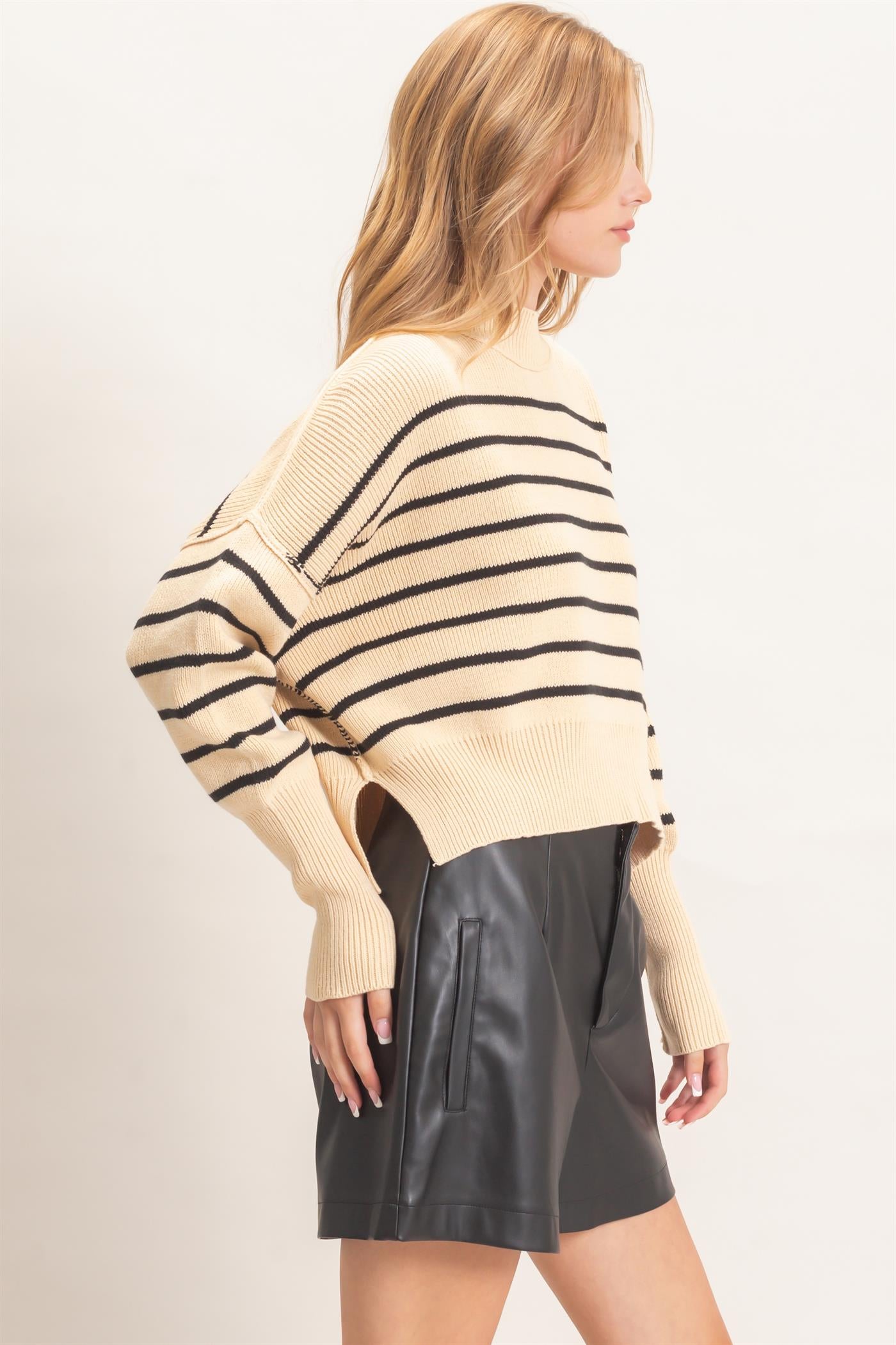Wholesale Striped Mock Neck Cropped Sweater Sweaters HF26F192 BLACK HYFVE