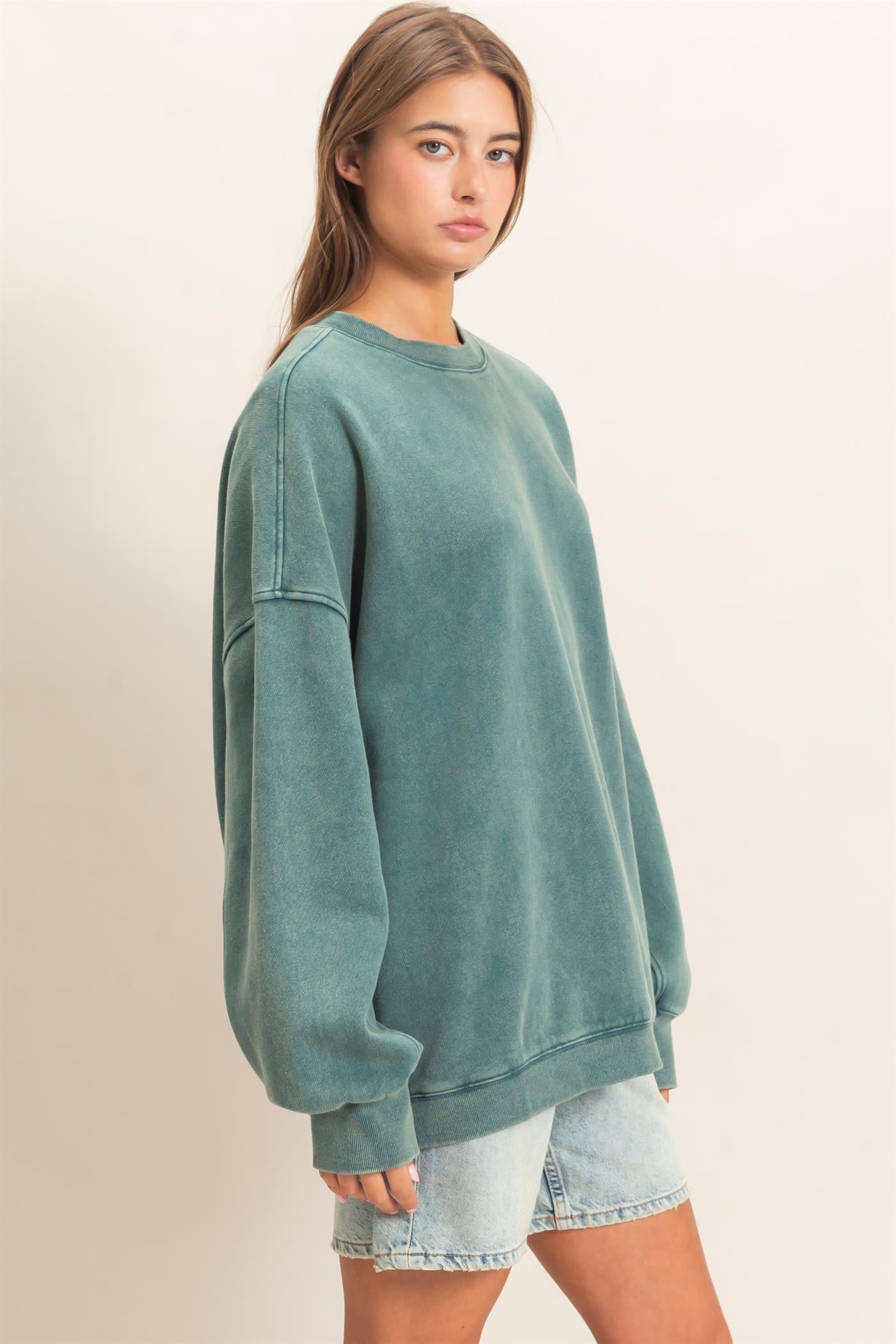 Wholesale Acid Wash Crew Neck Long Sleeve Sweatshirt Sweatshirts DZ26E268 DARK TEAL DOUBLE ZERO