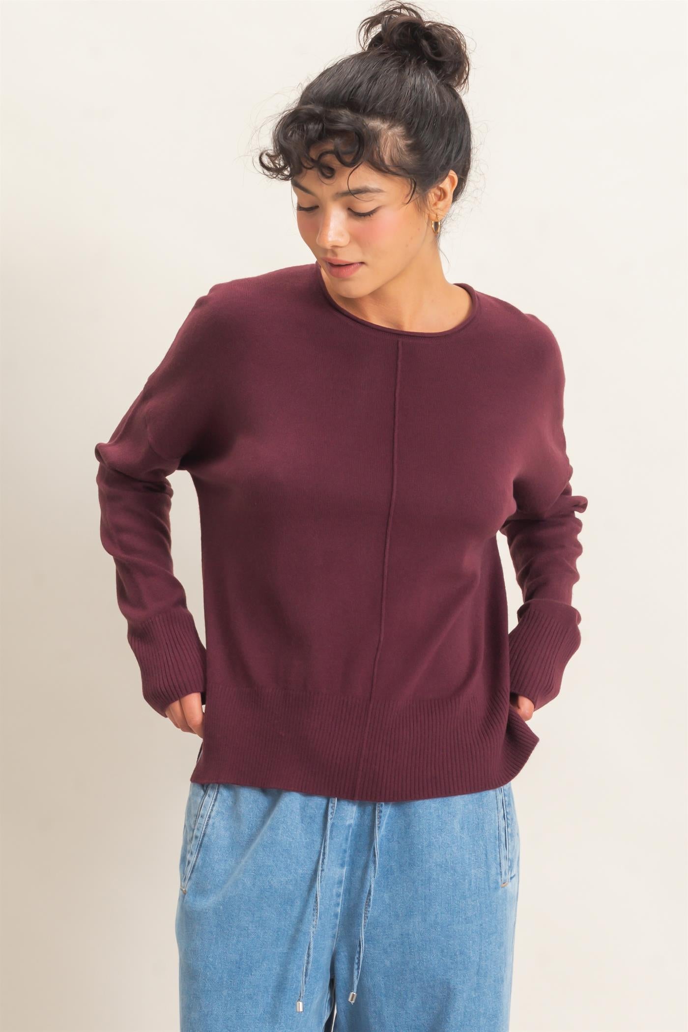 Wholesale Roll Neck Seam Detail Sweater Sweaters DZ26C975 DARK CHERRY DOUBLE ZERO