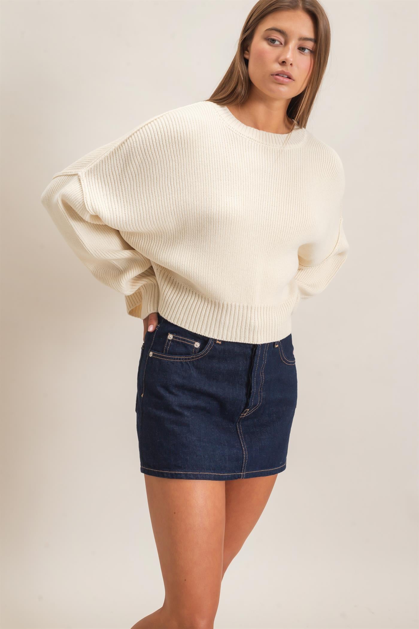Wholesale Ribbed Drop Shoulder Sweater Sweaters DZ26C982 CREAM DOUBLE ZERO