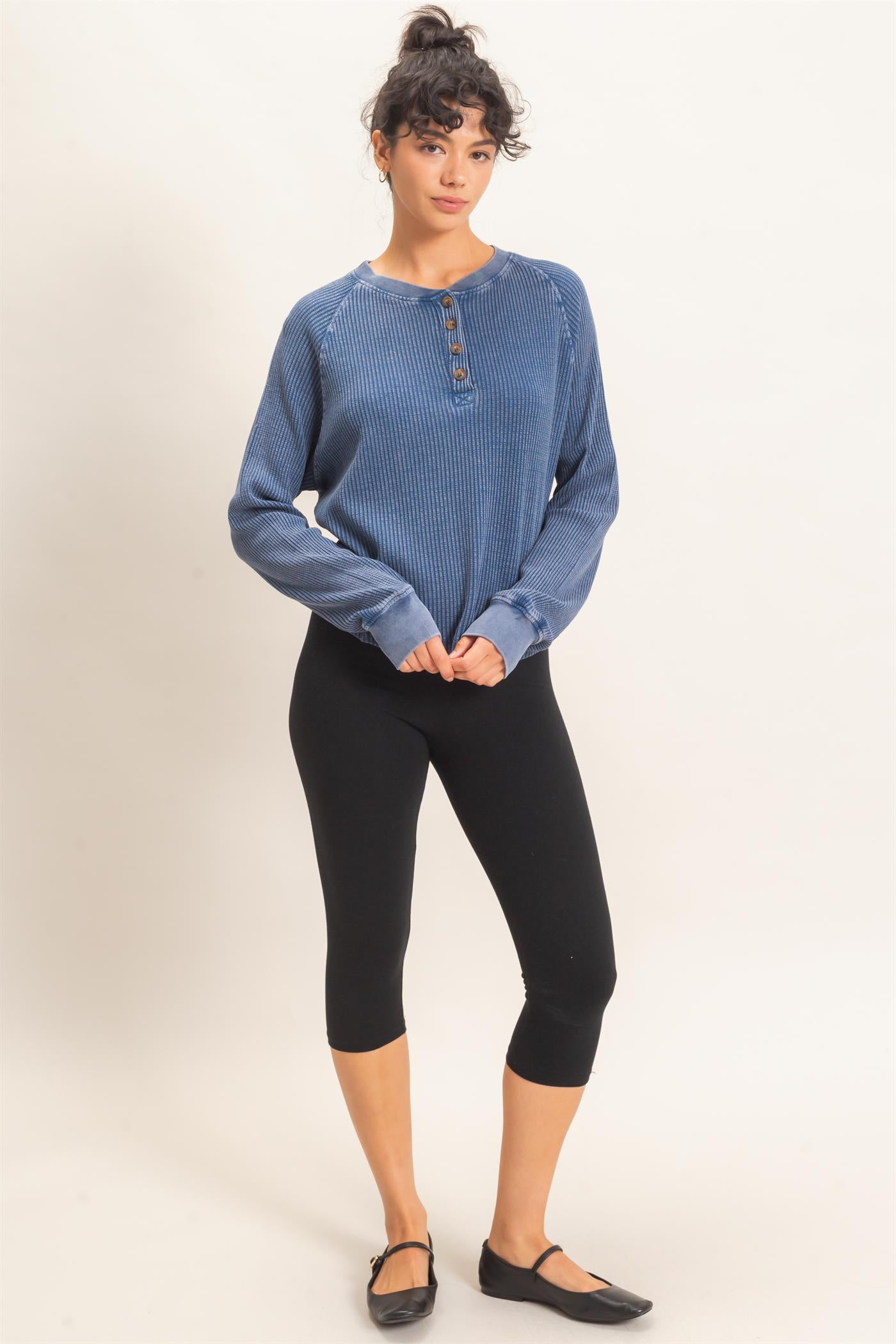 Wholesale Mineral Wash Waffle Knit Henley Top Sweatshirts DZ26E947 NAVY DOUBLE ZERO