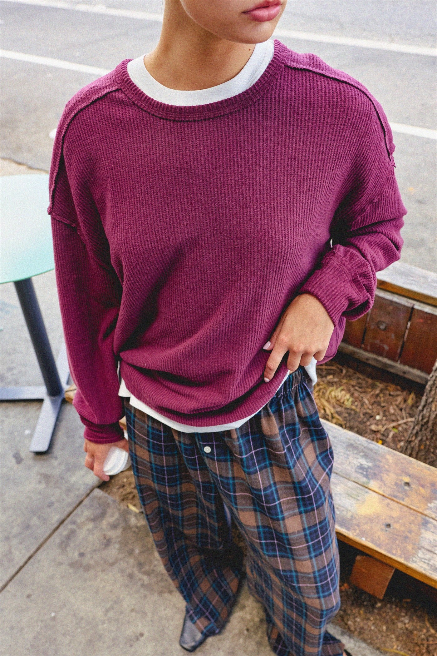 Wholesale Raw Edge Waffle Sweatshirt Sweatshirts DZ26F081 DARK CHERRY HYFVE